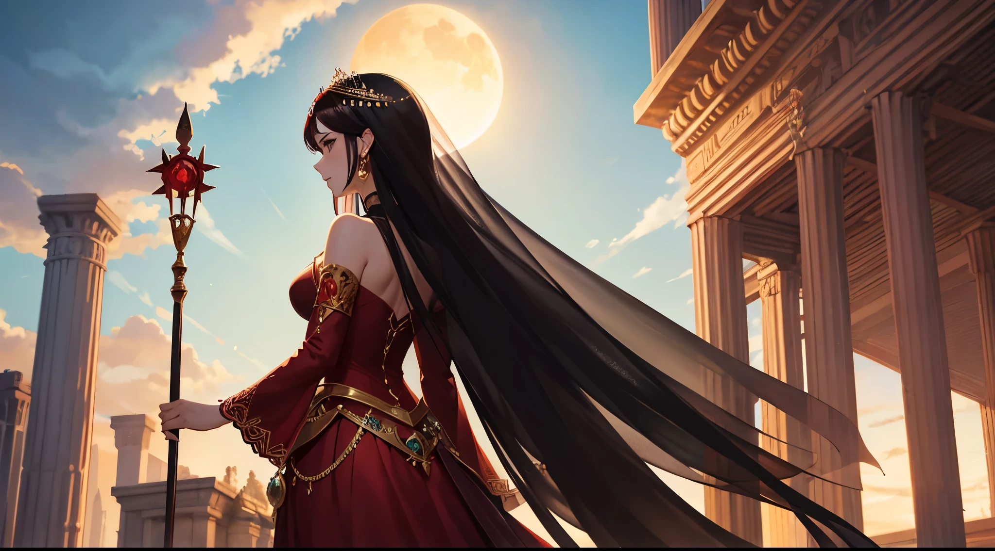 The Sun Princess, with short black and red hair, wearing a red dress, wearing a veil and a crown, holding a staff, turned her back to look at the giant sun behind her.