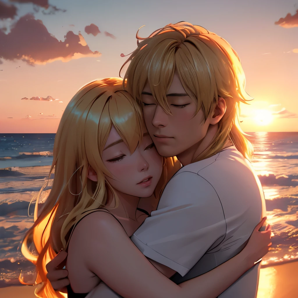 depth of field, cinematic lighting, motion blur, chromatic aberration, ray tracing, anime, 8k, super detail, best quality, 1080P, HD, 4K, 16k. man and woman in a warm embrace, at sunset on a beach, portrait, beautiful people, she has blond hair, he has brown