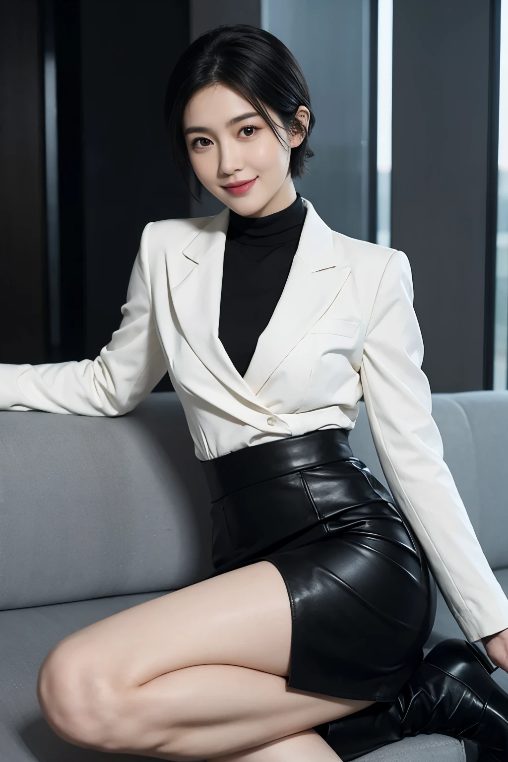 8K, highest quality, ultra detail, ultra high resolution, masterpiece, random angle, thin, smile, (compensate: 0.4), (fluffy black eyes: 1.21), ((whole body)), two girls, two persons, (( whole body)), (((fit the body))), (((slim face))), sharp face, clear eyes, smiling (((black hair, short hair, )) , sharp face, small lips, thin lips, big breasts, detailed, big, perfect body, detailed leg, (( morning)), Airport、30 years old , Long black leather boots 、white tight skirt 、white blouse 、black blazer 、Departure Lobby 、Are standing