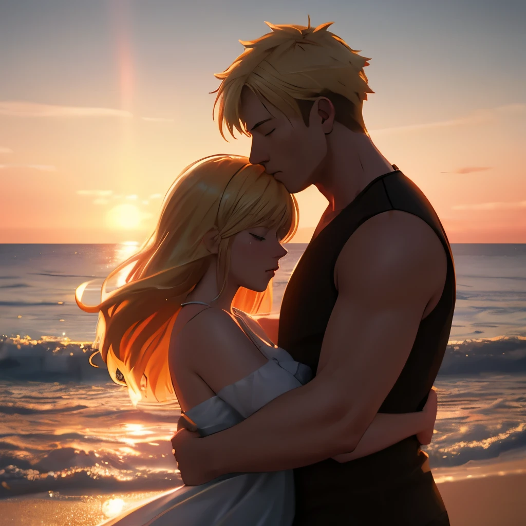 depth of field, cinematic lighting, motion blur, chromatic aberration, ray tracing, anime, 8k, super detail, best quality, 1080P, HD, 4K, 16k. man and woman in a warm embrace, at sunset on a beach,  portrait, beautiful people, she has blond hair, he has brown