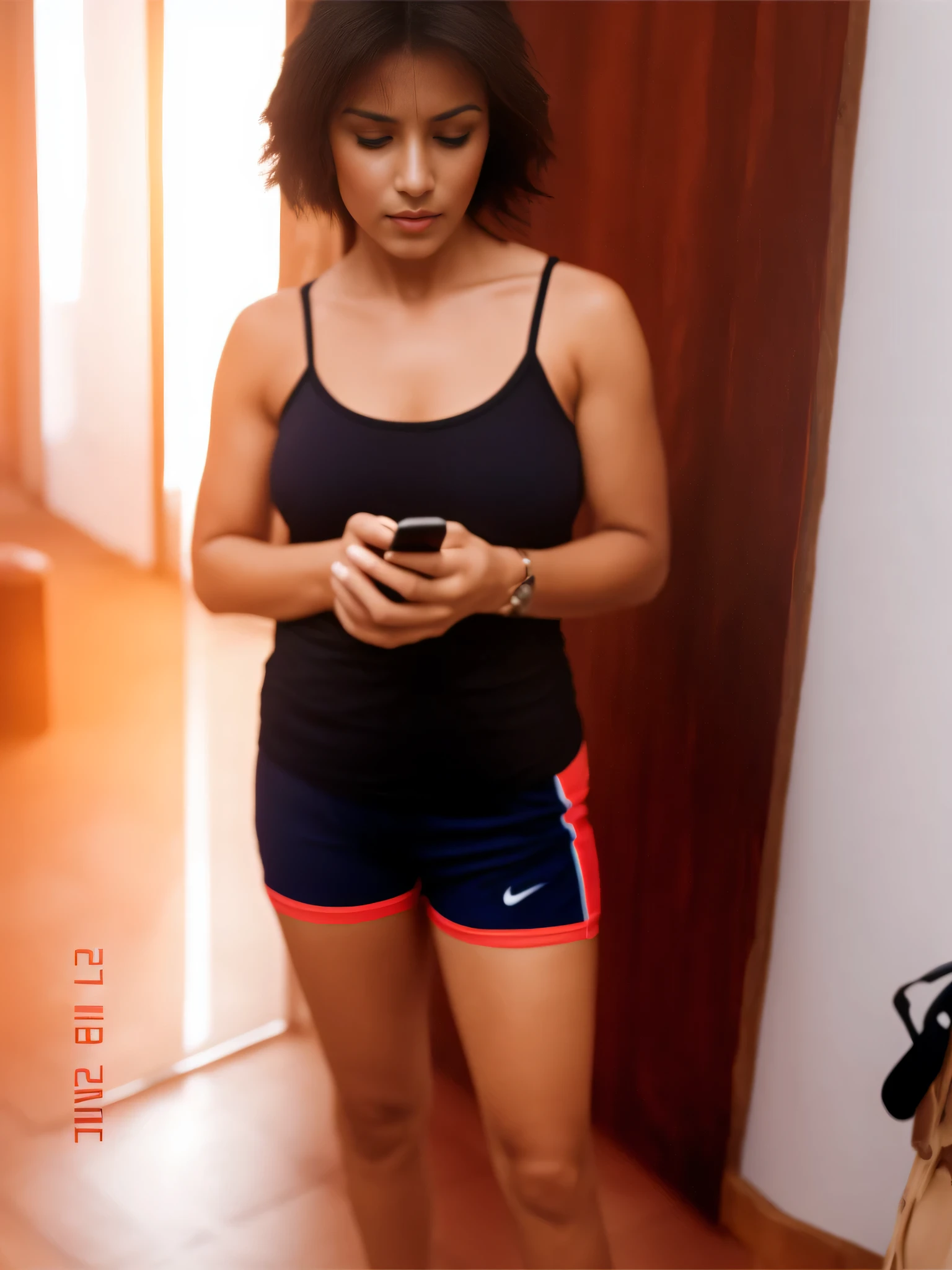 Uma mulher com pele branca bronzeada e cabelos escuros. There is a woman standing in a room looking at her cell phone, thin strap t-shirt, shorts azul escuro com listra lateral vermelha, foto adequada, (38 anos), sport bra and shorts. high resolution, alta qualidade, obra de arte, 8k.
