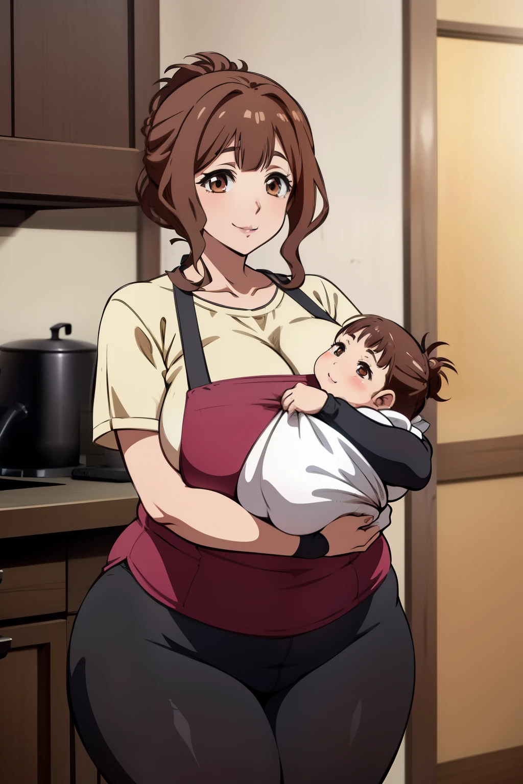 anime colored,torino_kazami,mature female,gigantic breasts,plump,brown hair,brown eyes,updo,lipsticks,wide hips,thick tights,(Holding a ****:1.5),Huge breasts,Smile,house wife