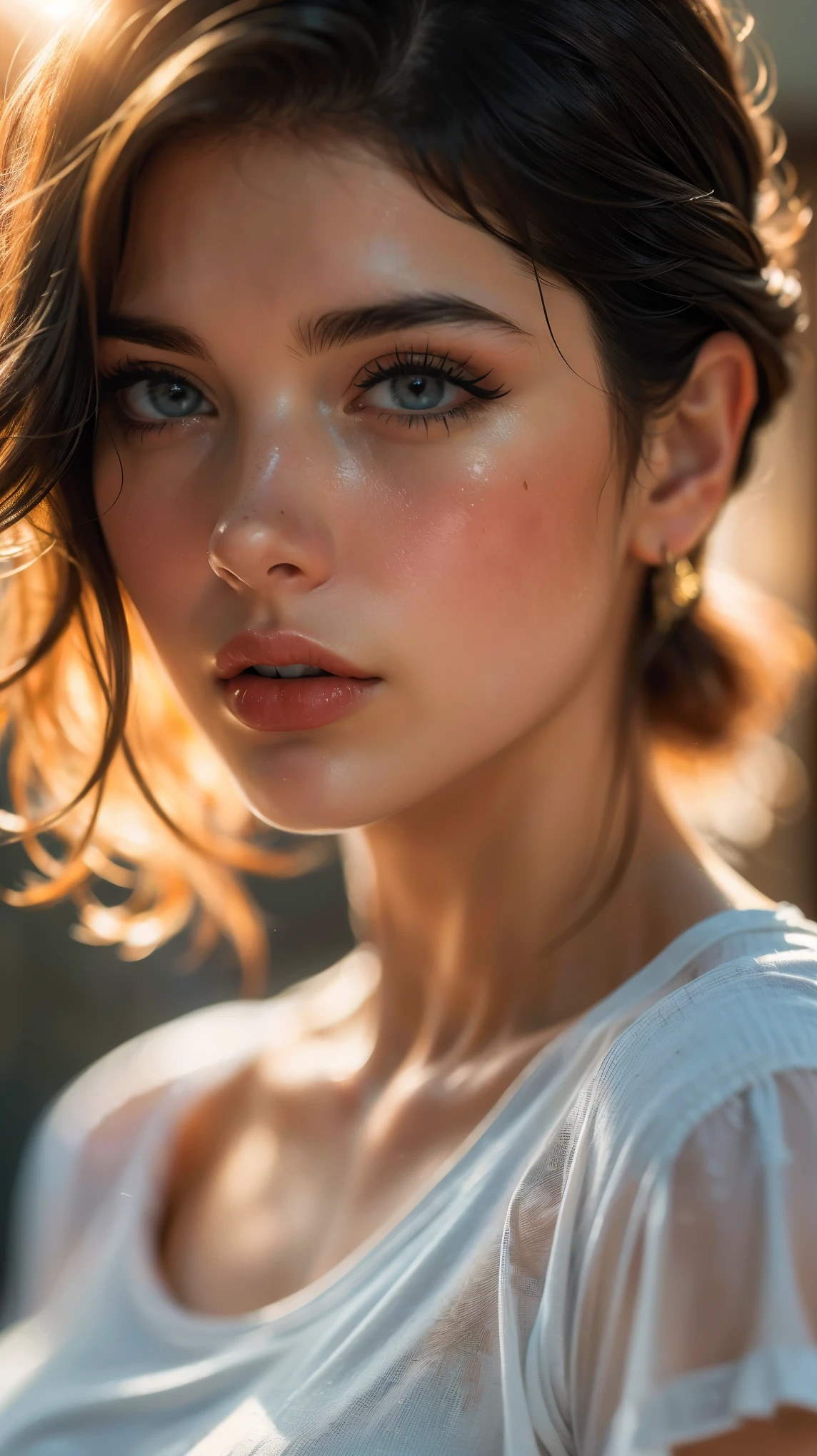 (((ultra realistic))) Photo, masterpiece, top quality, (pale skin), (Ultra detailed face and eyes:1.3), 1 girl in a T-shirt, (Eye makeup, mascara) , ((large detailed lips)), ((Dark hair)), ((Chyolka)) , (Natural breasts). ((Posing)), photoshoot, studio (soft lighting), (The play of light and shadows), depth of field, bokeh, (special attention to skin detail: 1.2), Detailed leather texture, skin pores. (Warm atmosphere of the frame. Color range - black, Red, Yellow tones), ((Film grain)), ((rays)), ((glare from the sun)), ((waist up portrait, close to the camera)) , ultra detialed,