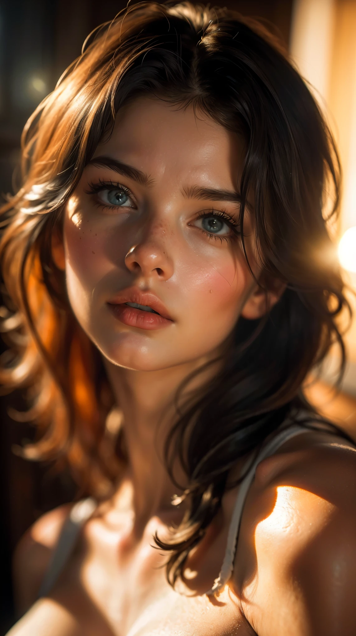 (((ultra realistic))) Photo, masterpiece, top quality, (pale skin), (Ultra detailed face and eyes:1.3), 1 girl in a T-shirt, (Eye makeup, mascara) , ((large detailed lips)), ((Dark hair)), ((Chyolka)) , (Natural breasts). ((Posing)), photoshoot, studio (soft lighting), (The play of light and shadows), depth of field, bokeh, (special attention to skin detail: 1.2), Detailed leather texture, skin pores. (Warm atmosphere of the frame. Color range - black, Red, Yellow tones), ((Film grain)), ((rays)), ((glare from the sun)), ((waist up portrait, close to the camera)) , ultra detialed, 