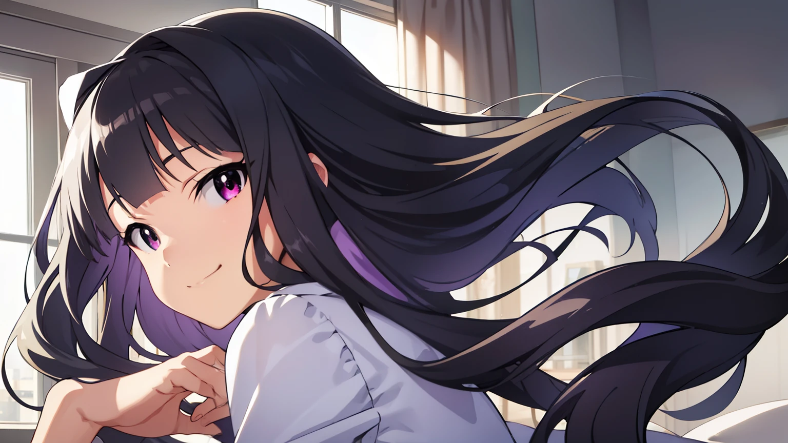 hirazawa_tomoyo, long hair, ahoge, black medium hair, faint purple eyes, medium breast, formal outlet outfit, smile, standing, BREAK looking at viewer, BREAK (masterpiece:1.2), best quality, high resolution, unity 8k wallpaper, (illustration:0.8), (beautiful detailed eyes:1.6), extremely detailed face, perfect lighting, extremely detailed CG, (perfect hands, perfect anatomy)