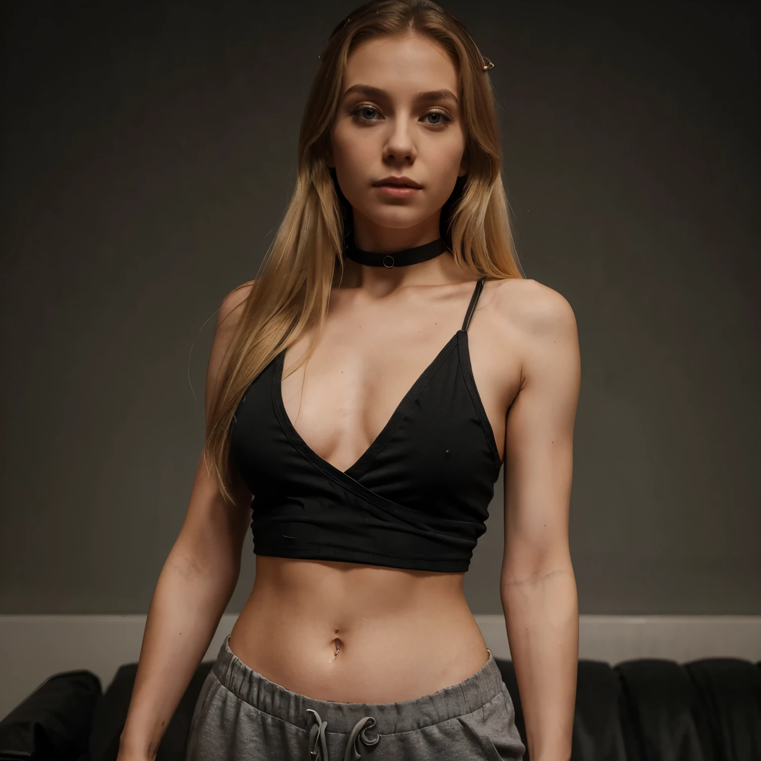 young blonde woman, shoulder length hair, wearing loose black sleeveless top and sweatpants , choker, ((longtorso, ltso):1.2)