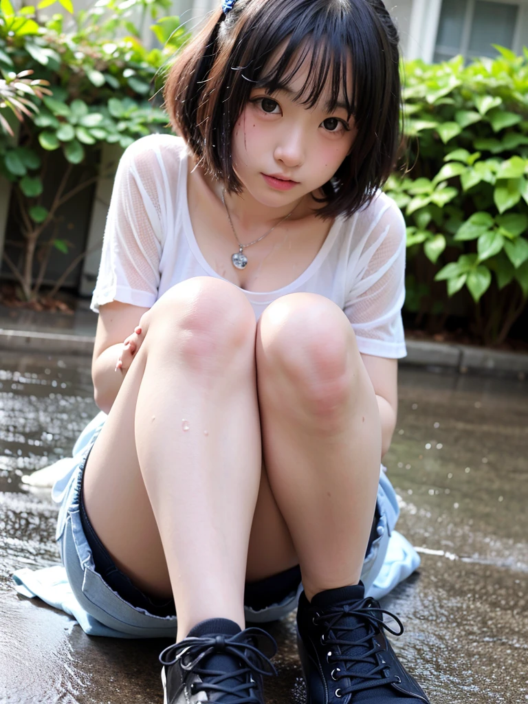 girl with full body tattoos、15 years old、beautiful girl、punk style girl、((heavy rain))、((Full body soaked))、sitting on the wet road、