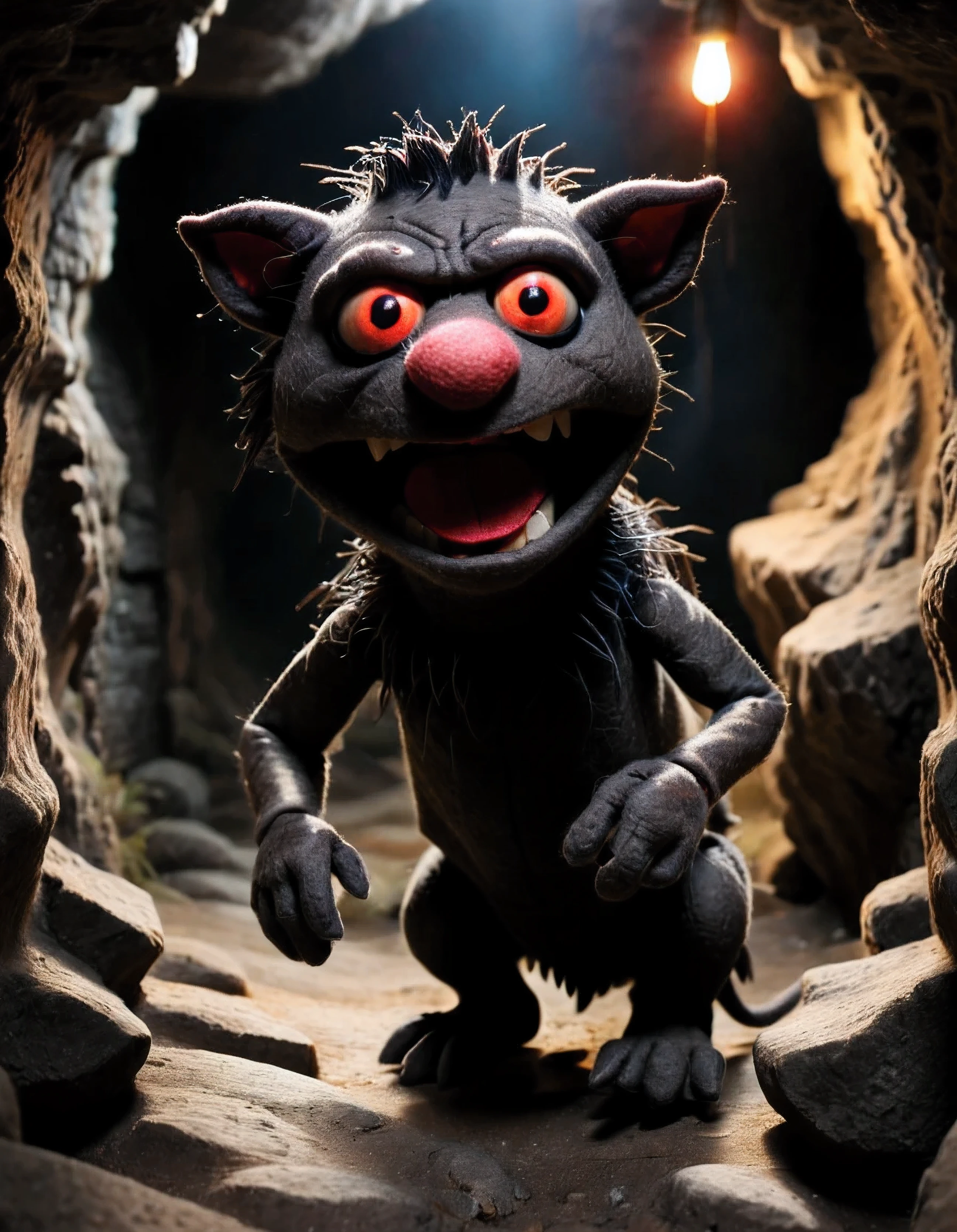 in a felt puppet world style,, A chupacabra lurking in the depths of a dark cavern. pale, red-eyes, creepy, dramatic lighting, detailed, high saturation