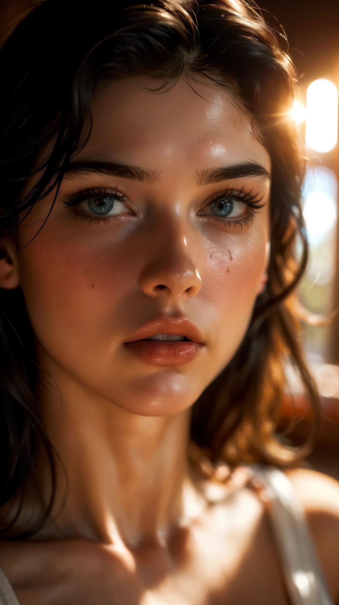 (((ultra realistic))) Photo, masterpiece, top quality, (pale skin), (Ultra detailed face and eyes:1.3), 1 girl in a T-shirt, (Eye makeup, mascara) , ((large detailed lips)), ((Dark hair)), ((Chyolka)) , (Natural breasts). ((Posing)), photoshoot, studio (soft lighting), (The play of light and shadows), depth of field, bokeh, (special attention to skin detail: 1.2), Detailed leather texture, skin pores. (Warm atmosphere of the frame. Color range - black, Red, Yellow tones), UDR, ((Film grain)), ((rays)), ((glare from the sun)), ((waist up portrait, close to the camera)) , ultra detialed, 