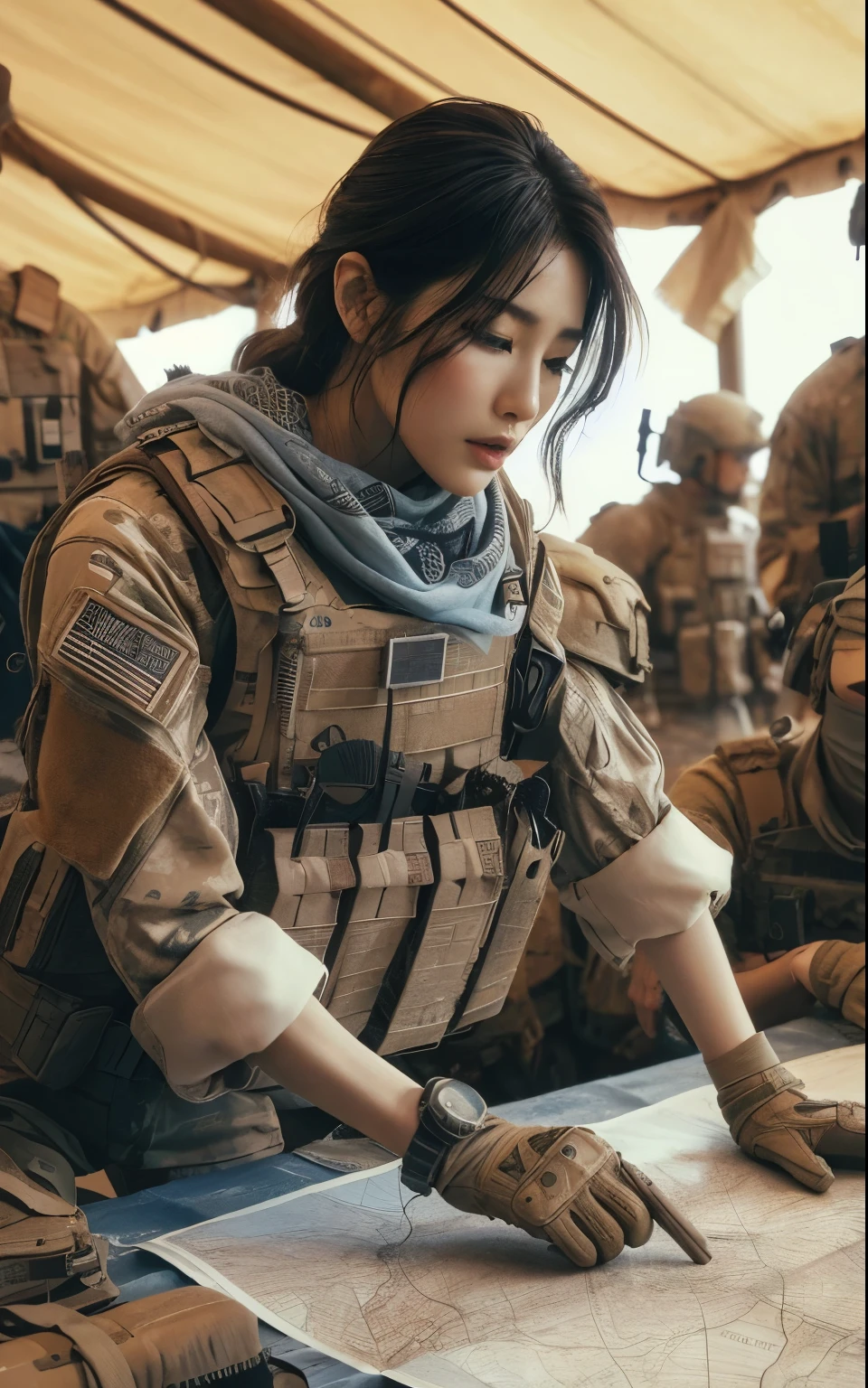 photorealistic、Realistic skin textures、Beautiful Japanese women in the American military are having a meeting around a table at a base camp set up in the wasteland.、There is a map on the table、tent、military vehicle、bulletproof vest、afghan scarf、automatic rifle、baseball cap、Heavy equipment、tattoo、boots、、Action poses with movement、