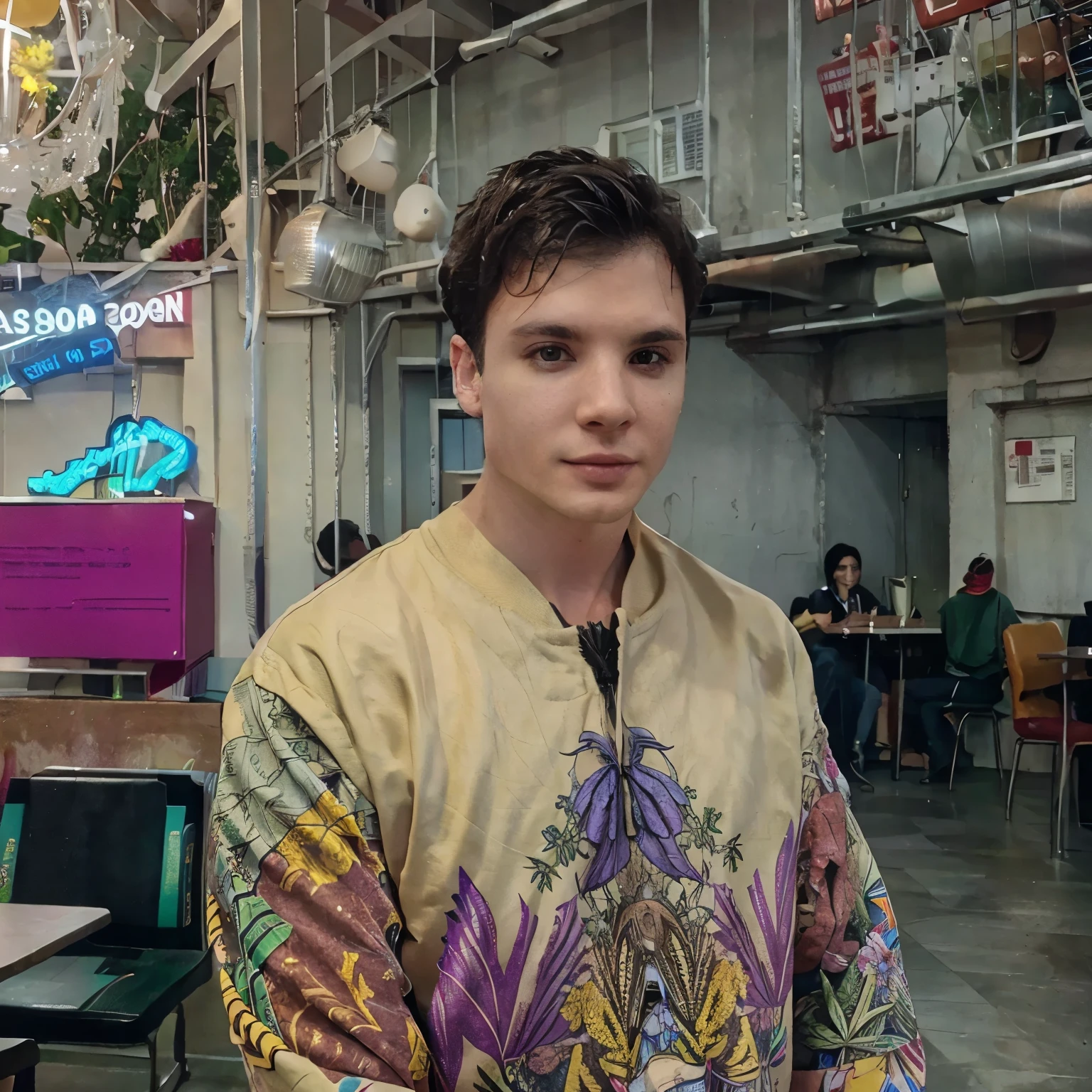 (masterpiece, best quality:1.2), (thanaki) in a 4k picture of a 1970's sci-fi movie, real picture by Wes Anderson, pastel colors, man wearing retro-futuristic fashion clothes and futuristic ornaments with a mechanical animal pet in the cafeteria, natural light, cinematic, psychedelia, weird futuristic, retro-futuristic, photo-realistic, sharp background details