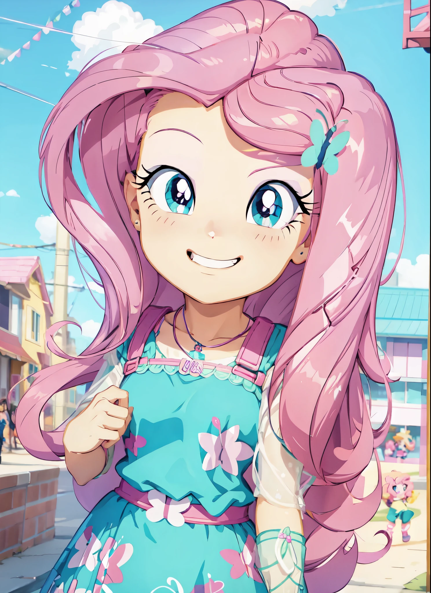a close up of a cartoon girl with pink hair and a doll, fim still, equestria, mlp, sunset!, giddy smirk, aesthetic cute with flutter, pinkie pie equine, pinkie pie, with no derpy face, windy mane, pinky pie my little pony, joyful smirk, confident smirk, sun behind her, proud smirk