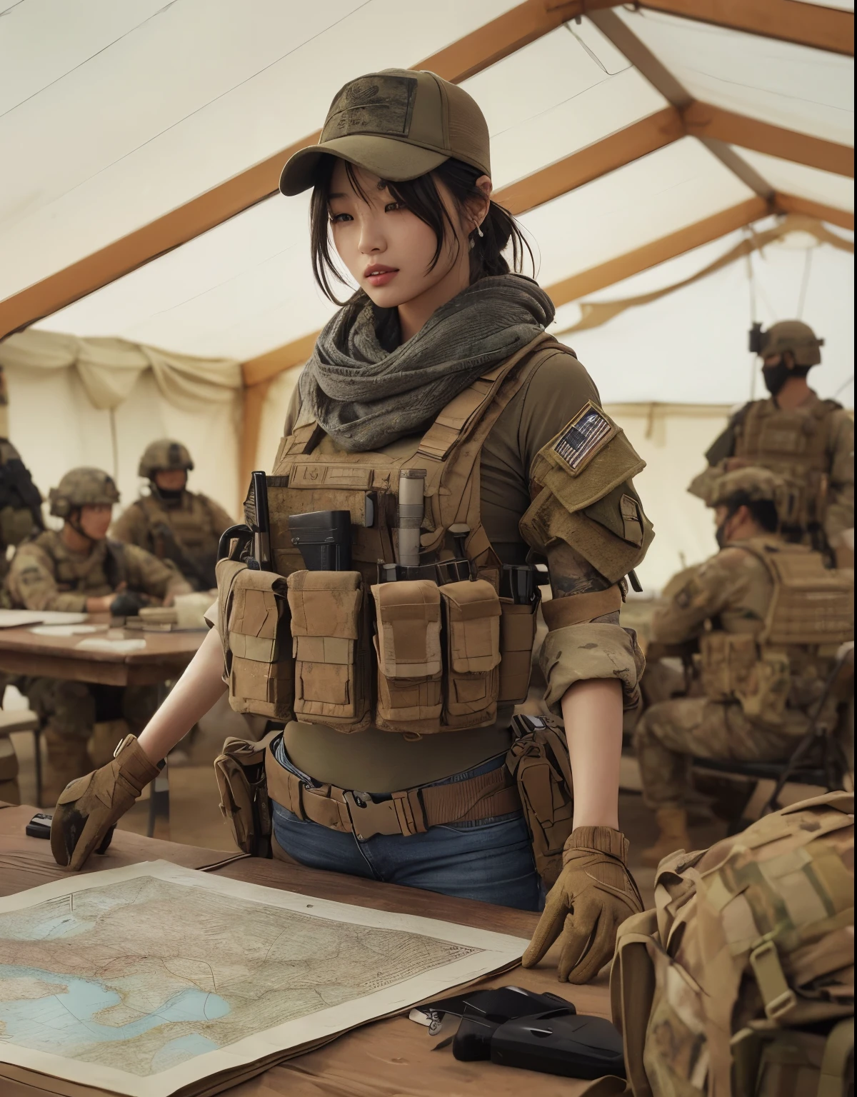 photorealistic、Realistic skin textures、Beautiful Japanese women in the American military are having a meeting around a table at a base camp set up in the wasteland.、There is a map on the table、tent、military vehicle、bulletproof vest、afghan scarf、automatic rifle、baseball cap、Heavy equipment、tattoo、boots、、Action poses with movement、