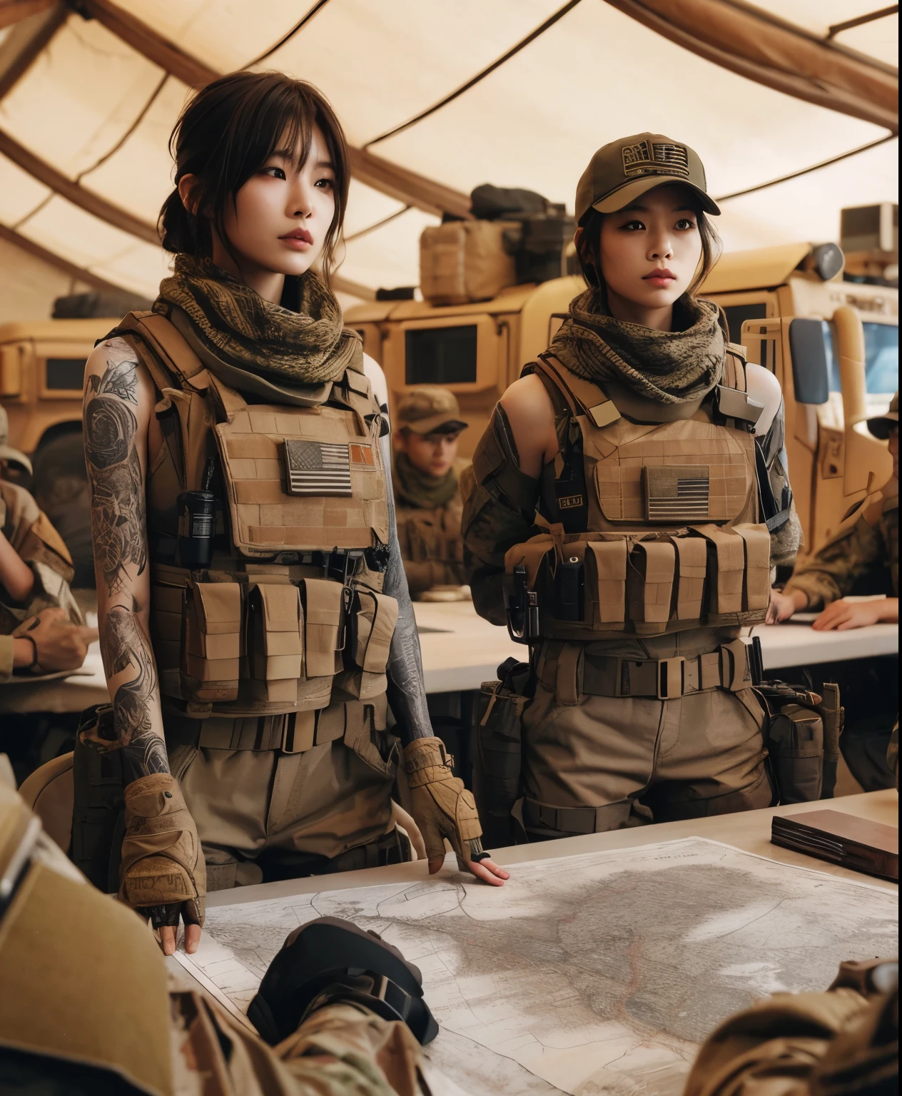 photorealistic、Realistic skin textures、Beautiful Japanese women in the American military are having a meeting around a table at a base camp set up in the wasteland.、There is a map on the table、tent、military vehicle、bulletproof vest、afghan scarf、automatic rifle、baseball cap、Heavy equipment、tattoo、boots、、Action poses with movement、