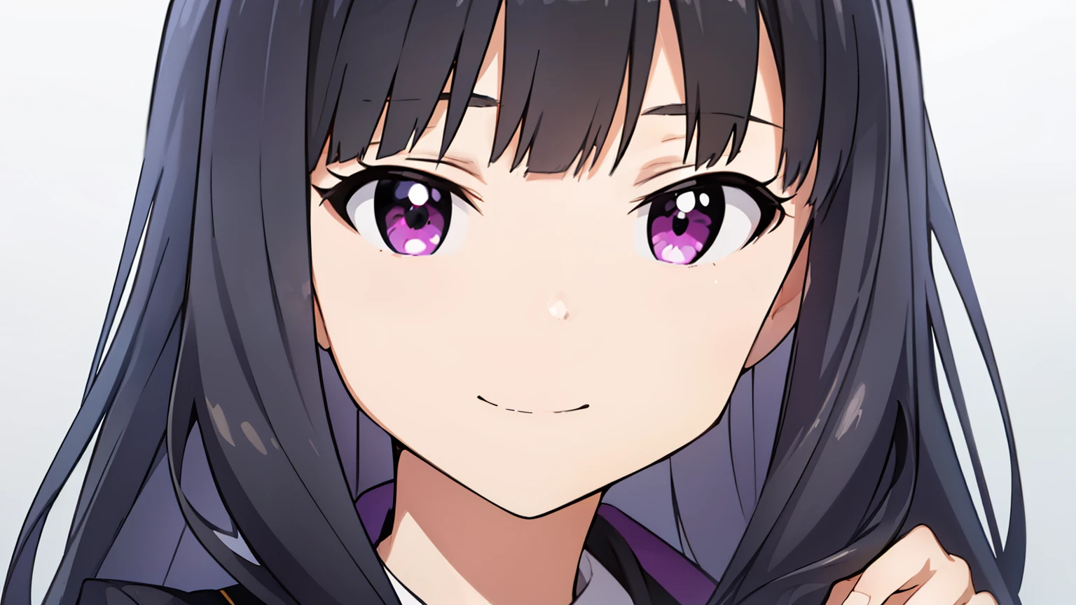 hirazawa_tomoyo, long hair, ahoge, black medium hair, faint purple eyes, medium breast, formal outlet outfit, smile, standing, BREAK looking at viewer, BREAK (masterpiece:1.2), best quality, high resolution, unity 8k wallpaper, (illustration:0.8), (beautiful detailed eyes:1.6), extremely detailed face, perfect lighting, extremely detailed CG, (perfect hands, perfect anatomy)