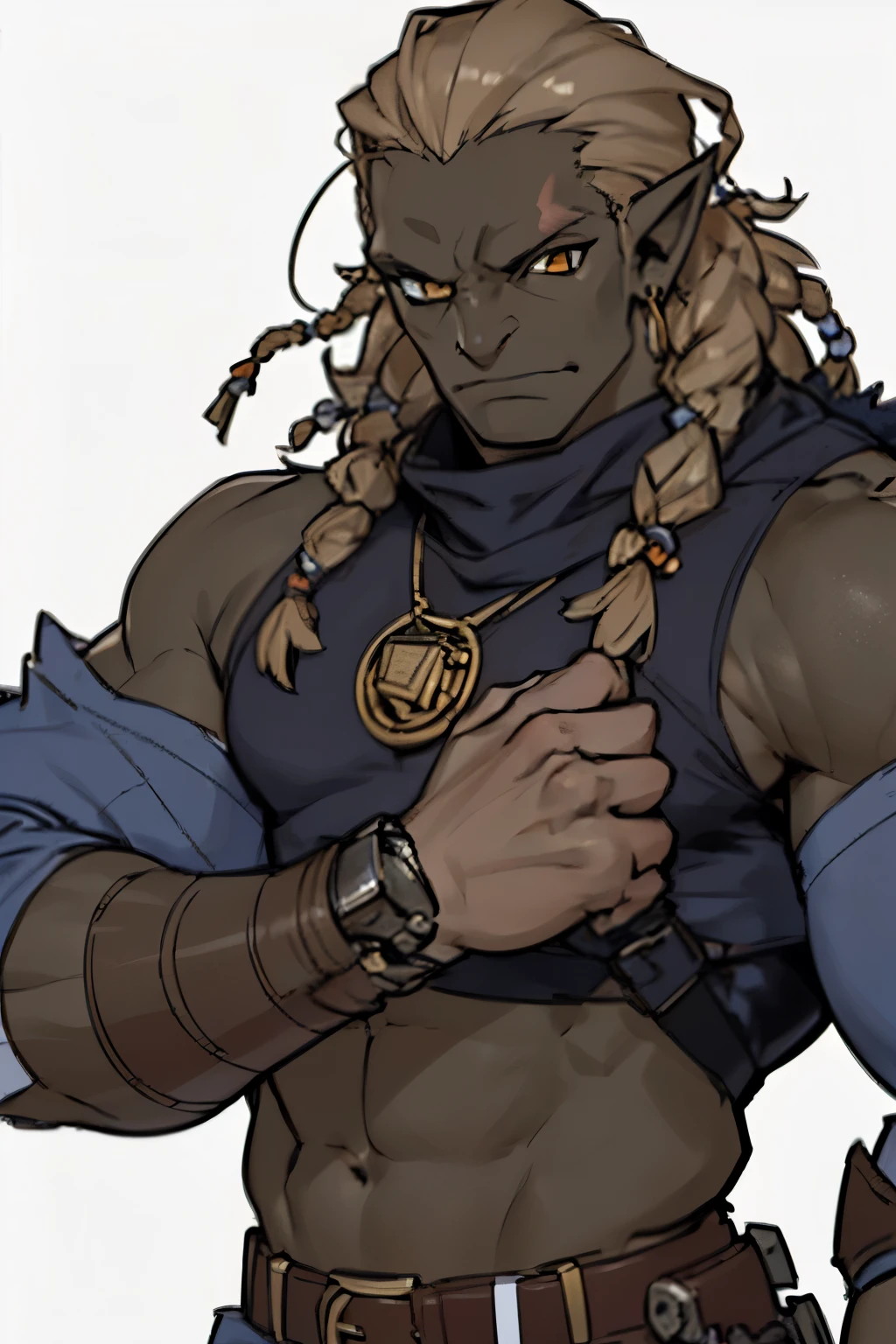 1boy, solo, cowboyshot, ((orc man)), (anime style), (middle-aged man), (Muscular), large pectorals, fit-muscled body, Chiseled Abs, rugged face, manly, (expressionless), orange eyes, small eyes, bronze hair, forehead, slicked back hair, ((dreadlocks)), tightly coiled, ((single mechanical arm)), (dark skin), pointy ears, earrings, bare shoulders, soldier clothes, navy clothes, fur trim, gauntlets, (large build), highly detailed, vibrant colors, composite lighting, professional shading, (white background:1.5), (blank background:1.5), masculine shapes, sharp and crisp image, high quality textures, perfectly structured, natural proportions, 