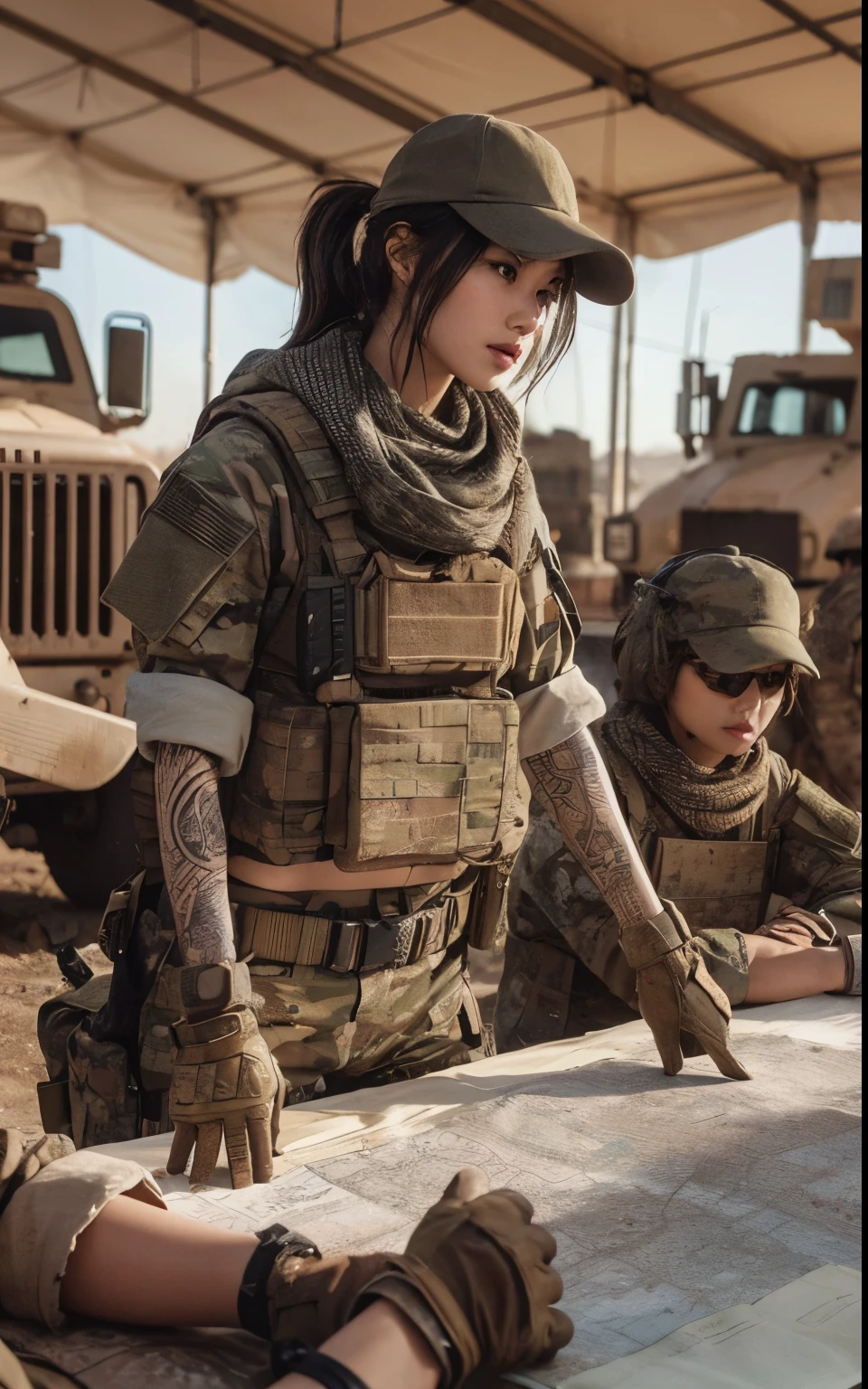 photorealistic、Realistic skin textures、Beautiful Japanese women in the American military are having a meeting around a table at a base camp set up in the wasteland.、There is a map on the table、tent、military vehicle、bulletproof vest、afghan scarf、automatic rifle、baseball cap、Heavy equipment、tattoo、boots、、Action poses with movement、