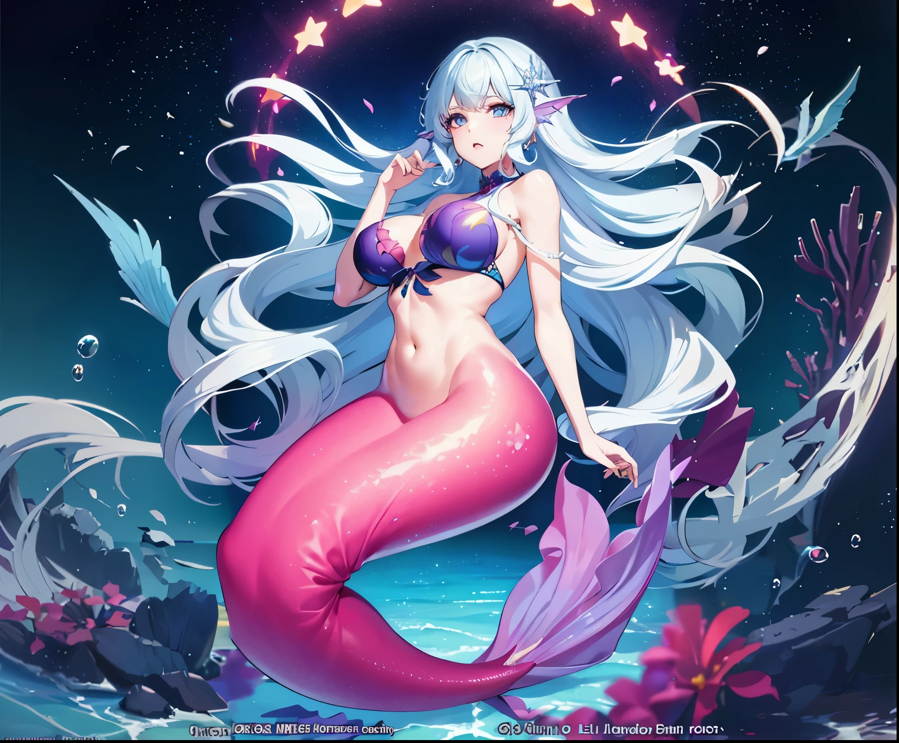 a cartoon Sirena with long white hair and a purple bikini, extremely detailed artistic germ, beautiful Sirena, Sirena, Sirena body, ahegao, estilo artgerm, ! Germ of dream art, artistic germ style, hermosa y seductora mujer anime, a Sirena in the sea, deidad de pelo blanco, Seraphine Ahri Kda