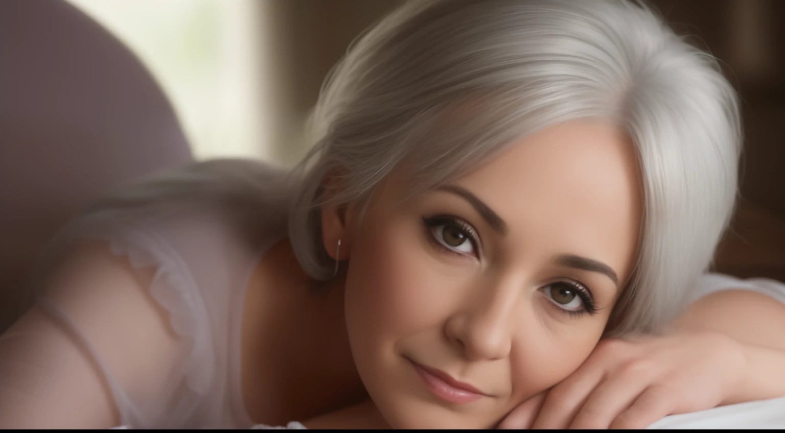portrait of a 75-year-old woman with gray hair, seductive gaze,a bunch of grey hair on top, brown eyes, a lot of wrinkles on her face, detailed wrinkles (8K, high resolution、The ultra -The high-definition、An ultra-high picture quality、Ultrarealistic、Best Quality)() clearly visible pubic shape, proper eye position, soft light, hips, detailed color graded background, intricate, highly detail, octane render, HD, 8k, an expensive country cottage, a huge house, a lawn, a large area around, bushes, a garden, evening meeting, business clothes with a pronounced neckline, tight clothes, small breasts, translucent dress, clear background, detailed background, ray traycing, soft shadows