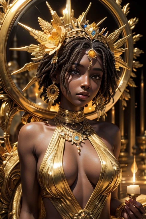 a nude woman, feminine dark brown skin, holding a mirror in her hand, picking lilies goddess of love, like the sun goddess, sun goddess, epic 3d oshun, flower goddess, The Queen of the Sun, a stunning portrait of a goddess, beautiful goddess, divine goddess, extremely detailed goddess shot, goddess. extremely high details