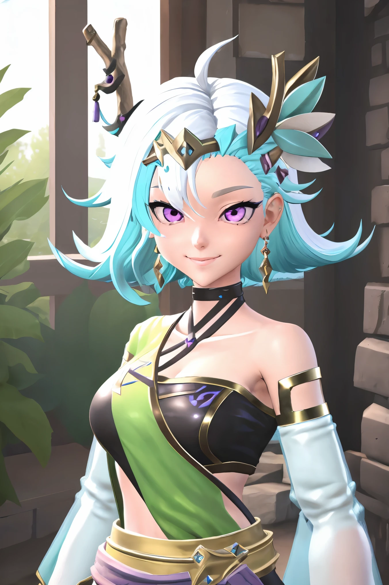 masterpiece, best quality , Lily,smile,1girl,upper body,solo,jewelry,earrings,breasts,white and blue hair,detached sleeves,purple eyes,hair ornament,see-through,short hair,looking at viewer,