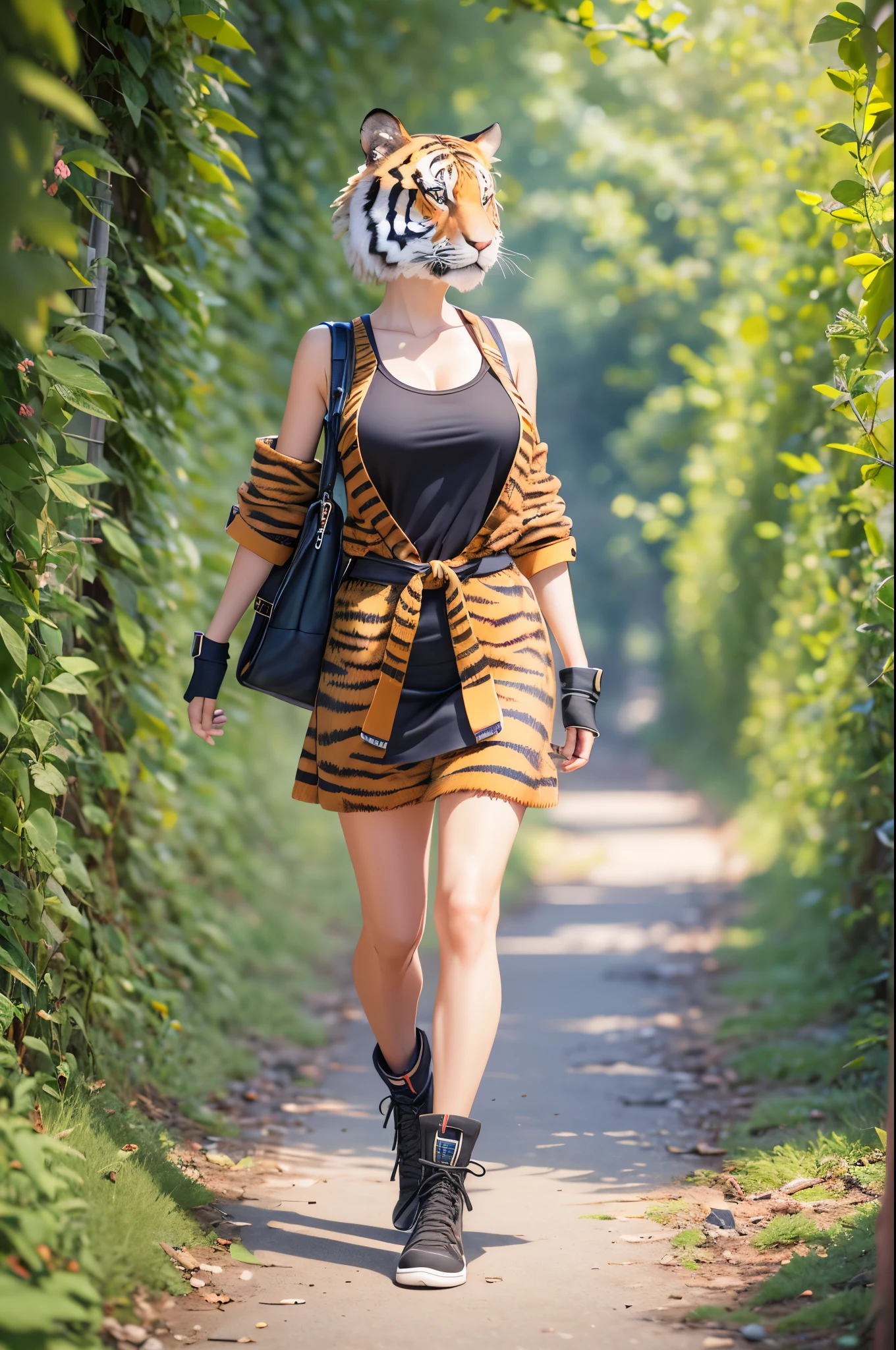 3dcharacter,a girl AND tiger ,(full body:1.2),simple background, masterpiece,best quality,4k, extremely detailed, exquisite details, HDR (High Dynamic Range), ray tracing, perfect proportions