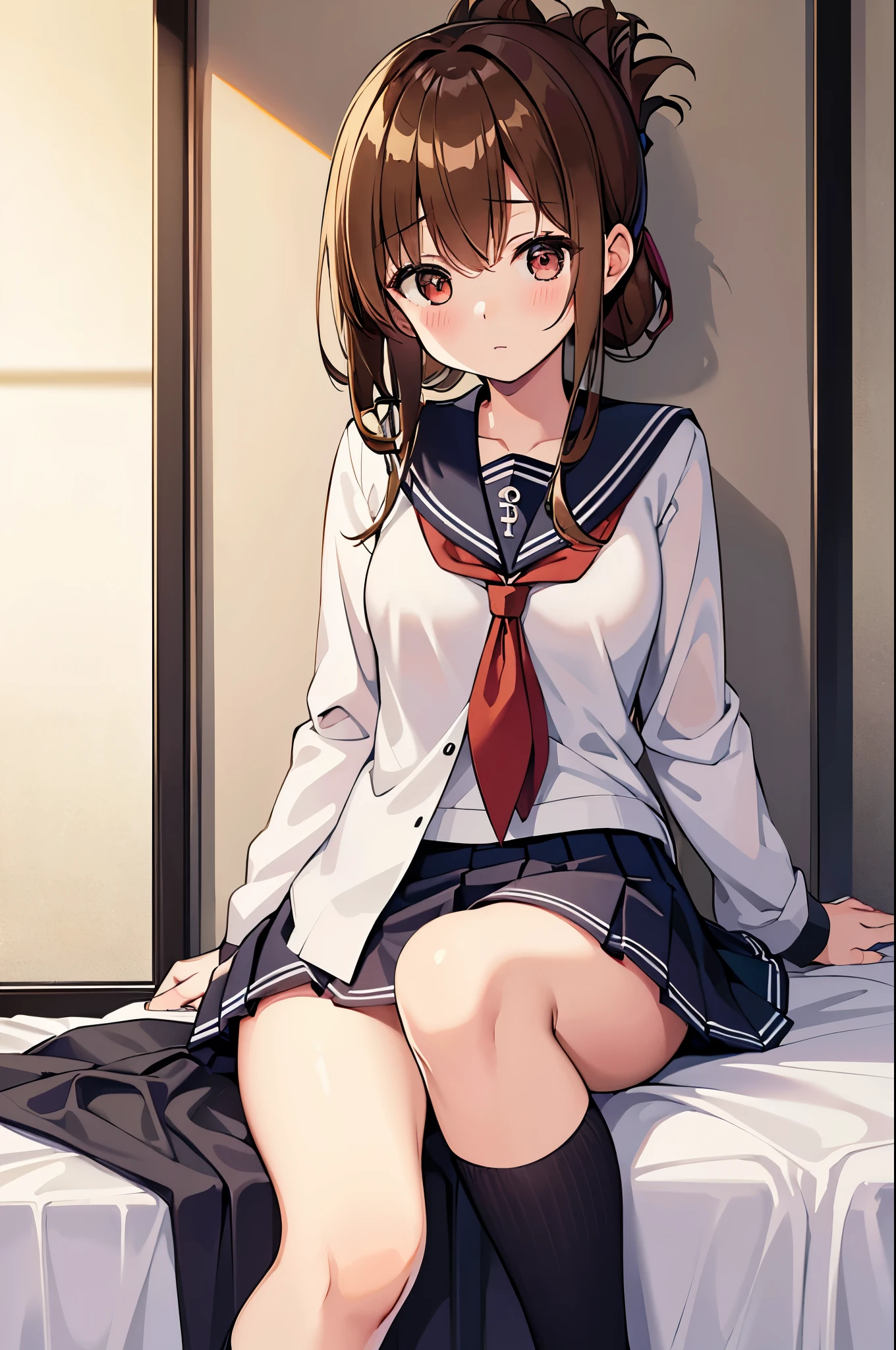 (masterpiece, highest quality:1.2),figure,8K,HD,1 girl,alone,Brown_hair,folded_ponytail,Brown_eye,serafuku,length_hair,School_uniform,skirt,pleats_skirt,An unwell junior high school girl wearing a miniskirt sailor suit sleeping on a bed in the infirmary