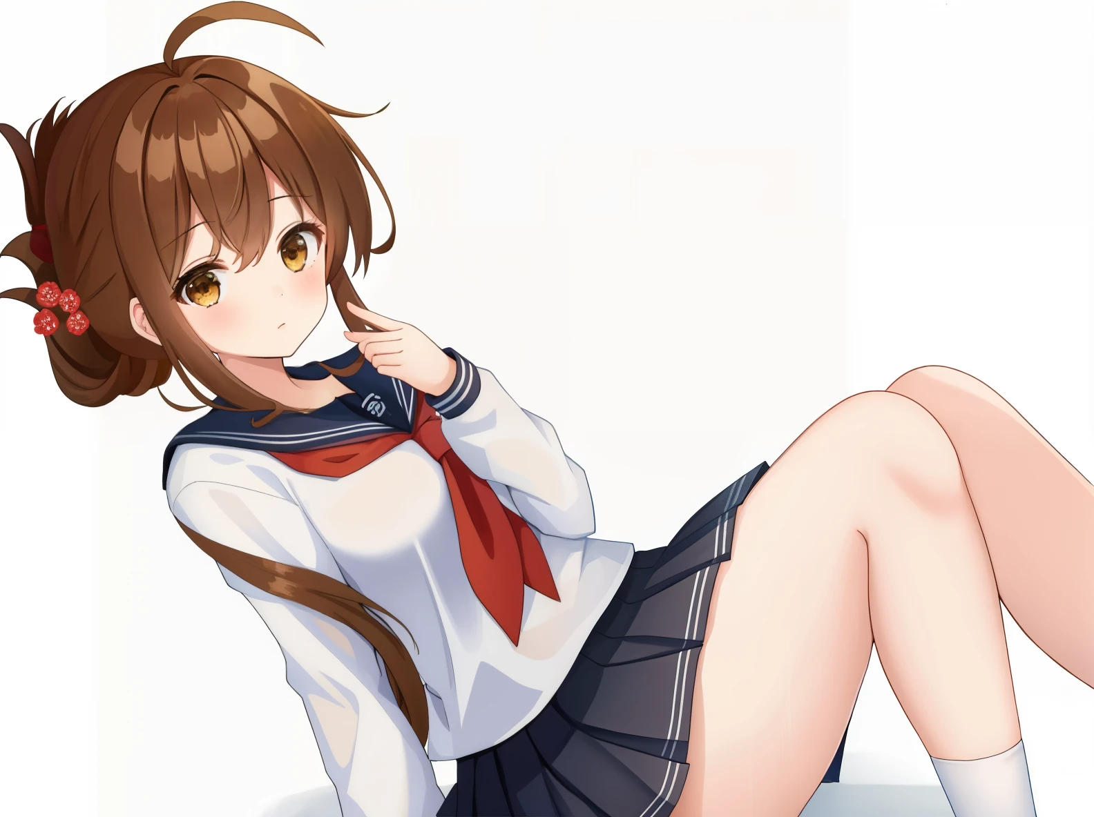(masterpiece, highest quality:1.2),figure,8K,HD,1 girl,alone,Brown_hair,folded_ponytail,Brown_eye,serafuku,length_hair,School_uniform,skirt,pleats_skirt,head and body