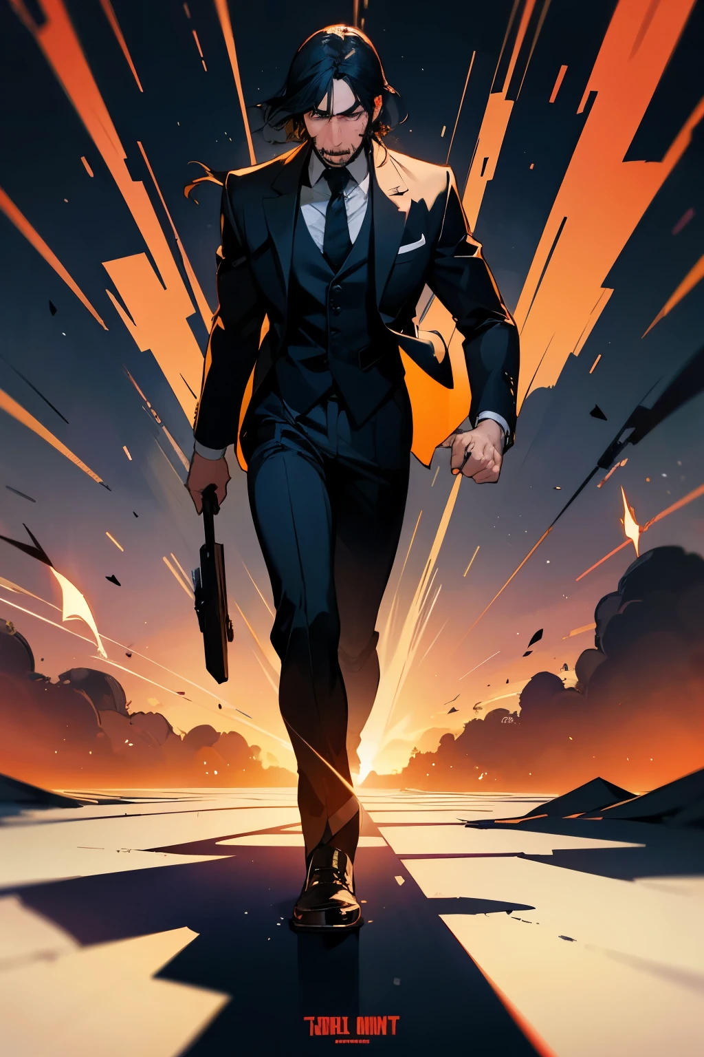 John Wick transformed into an animated masterpiece, inspired by Akira Toriyama's vibrant style. Filled with rich colors and dynamic perspectives, every scene exudes an 80's tone.
John Wick, the legendary bounty hunter, stands confidently with his signature suit and smoldering determination. His eyes, gleaming with intensity, survey the chaotic cityscape around him. The sun sets behind him, casting long, dramatic shadows.
A sudden alarm blares, jolting Wick out of his momentary calm. He turns on his heel and strides purposefully forward, his steps echoing off the cracked pavement. His enemies, unaware