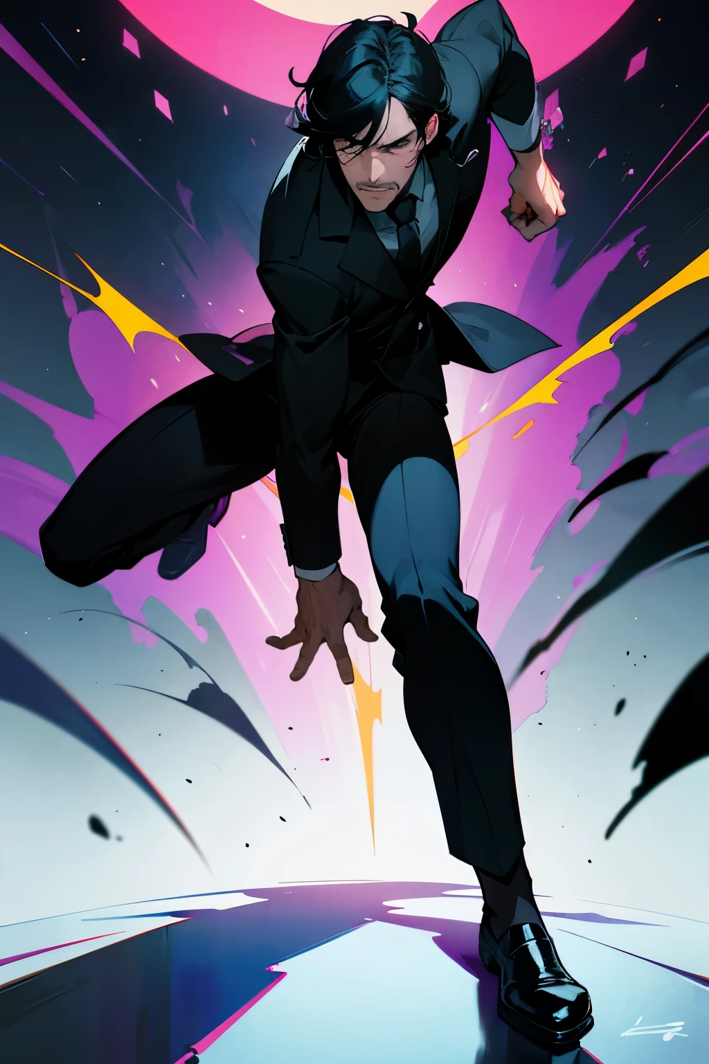 John Wick transformed into an animated masterpiece, inspired by Akira Toriyama's vibrant style. Filled with rich colors and dynamic perspectives, every scene exudes an 80's tone.

John Wick, the legendary bounty hunter, stands confidently with his signature suit and smoldering determination. His eyes, gleaming with intensity, survey the chaotic cityscape around him. The sun sets behind him, casting long, dramatic shadows.

A sudden alarm blares, jolting Wick out of his momentary calm. He turns on his heel and strides purposefully forward, his steps echoing off the cracked pavement. His enemies, unaware