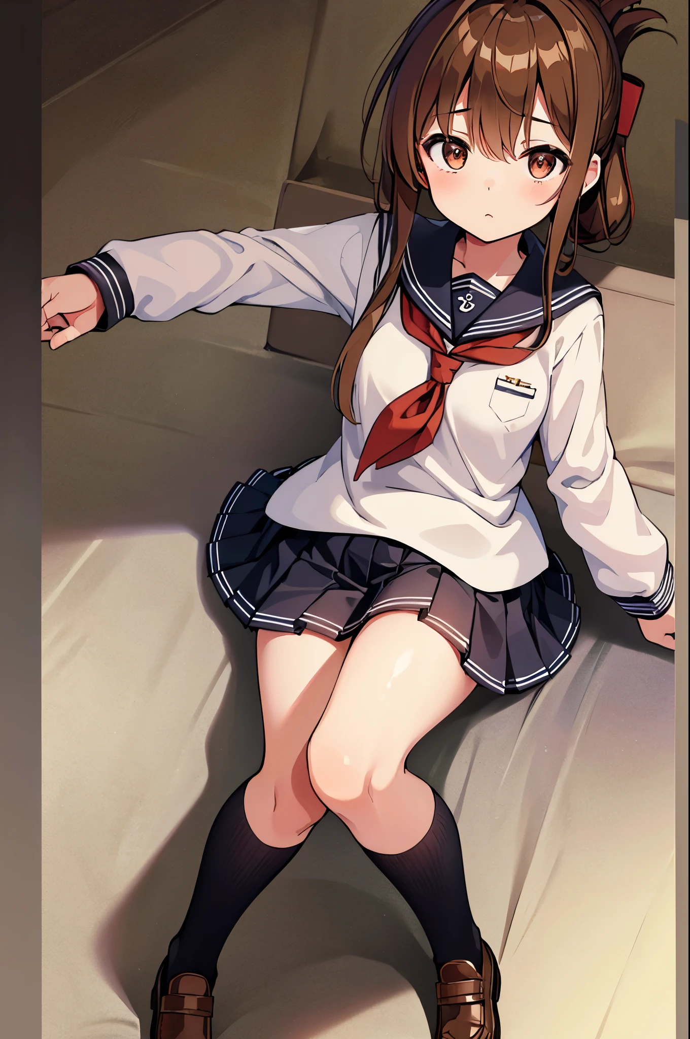 (masterpiece, highest quality:1.2),figure,8K,HD,1 girl,alone,Brown_hair,folded_ponytail,Brown_eye,serafuku,length_hair,School_uniform,skirt,pleats_skirt,An unwell junior high school girl wearing a miniskirt sailor suit sleeping on a bed in the infirmary