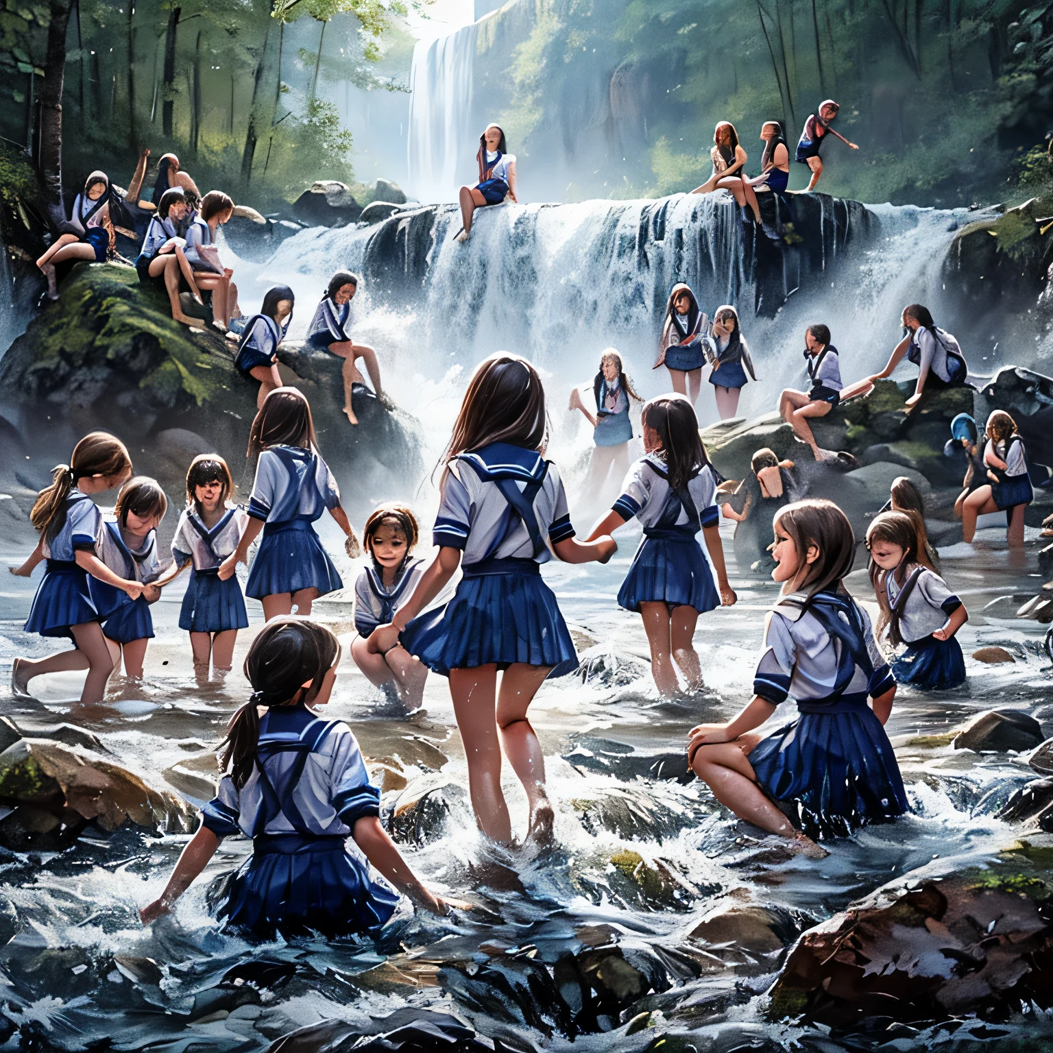 Realistic watercolor painting world。15 Russian schoolgirls wear school swimsuits at a mountain waterfall、Playing in the water so much that you can see all of your legs。Let it be a sublime painting that exudes a sense of happiness.。