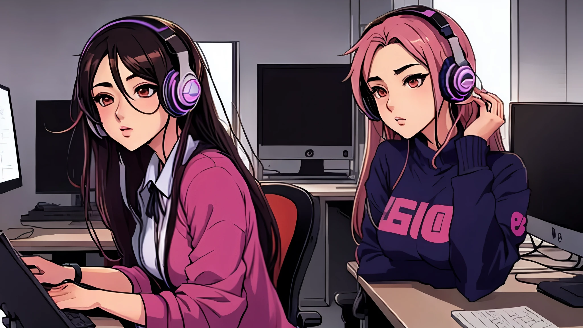 Anime girl sitting at a desk with a computer and headphones, Girl Screamin' Yoro - Esthetics, jojo anime style, manga art style, digital manga art, Inspired by Yumei, jojo style, Inspired by Han Yonghao, jojo cover art, Great art style, digital anime illustration, Full color illustration, style in digital painting, Head office artwork
