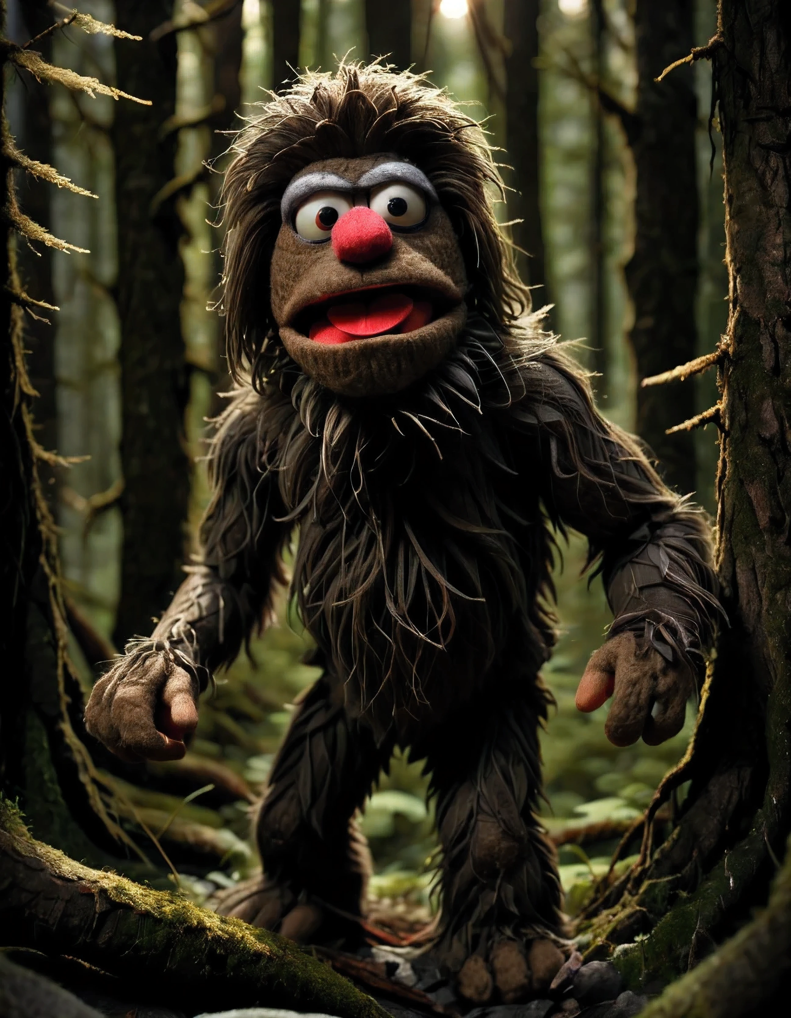 in a felt puppet world style,, A sasquatch lurking in the depths of a dark forest. brown, red-eyes, creepy, dramatic lighting, detailed, high saturation