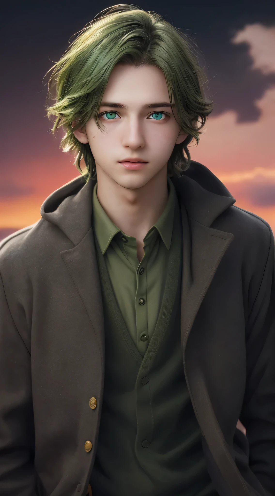 A young man, (best quality) bright green eyes, olive hair, well-groomed hair, deep and beautiful gaze, looking at the sky, real
Photography, movie, cinematic, Realisticcutedepth of field