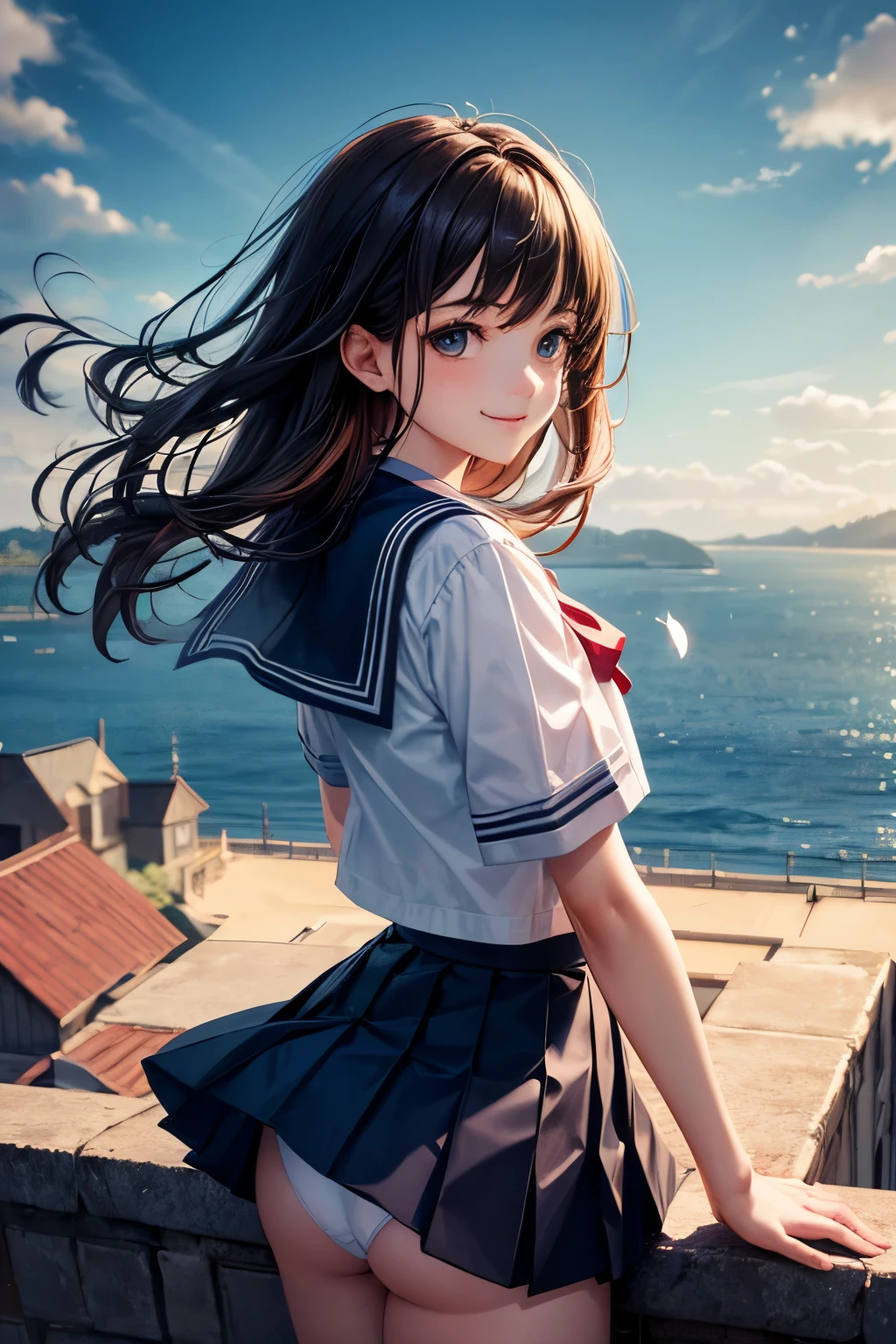 very cute and beautiful school girl viewing sea on hilltop,(highly detailed beautiful face and eyes:1.2),
(smile),cowboy shot,(sailor school uniform,pleated navy blue mini skirt),black hair,zettai ryouiki,(skirt fluttered in wind,white panties),
(looking at sea,from top of hill),many houses with red roof,detailed landscape,
(best quality,masterpiece:1.2),absurdres,highres,ultra-detailed,extremely detailed,32k,8k resolution,
intricate details,cinematic scene,detailed background,solo,dynamic angle,
natural lighting,hair fluttering in the wind,beautiful detailed sky,