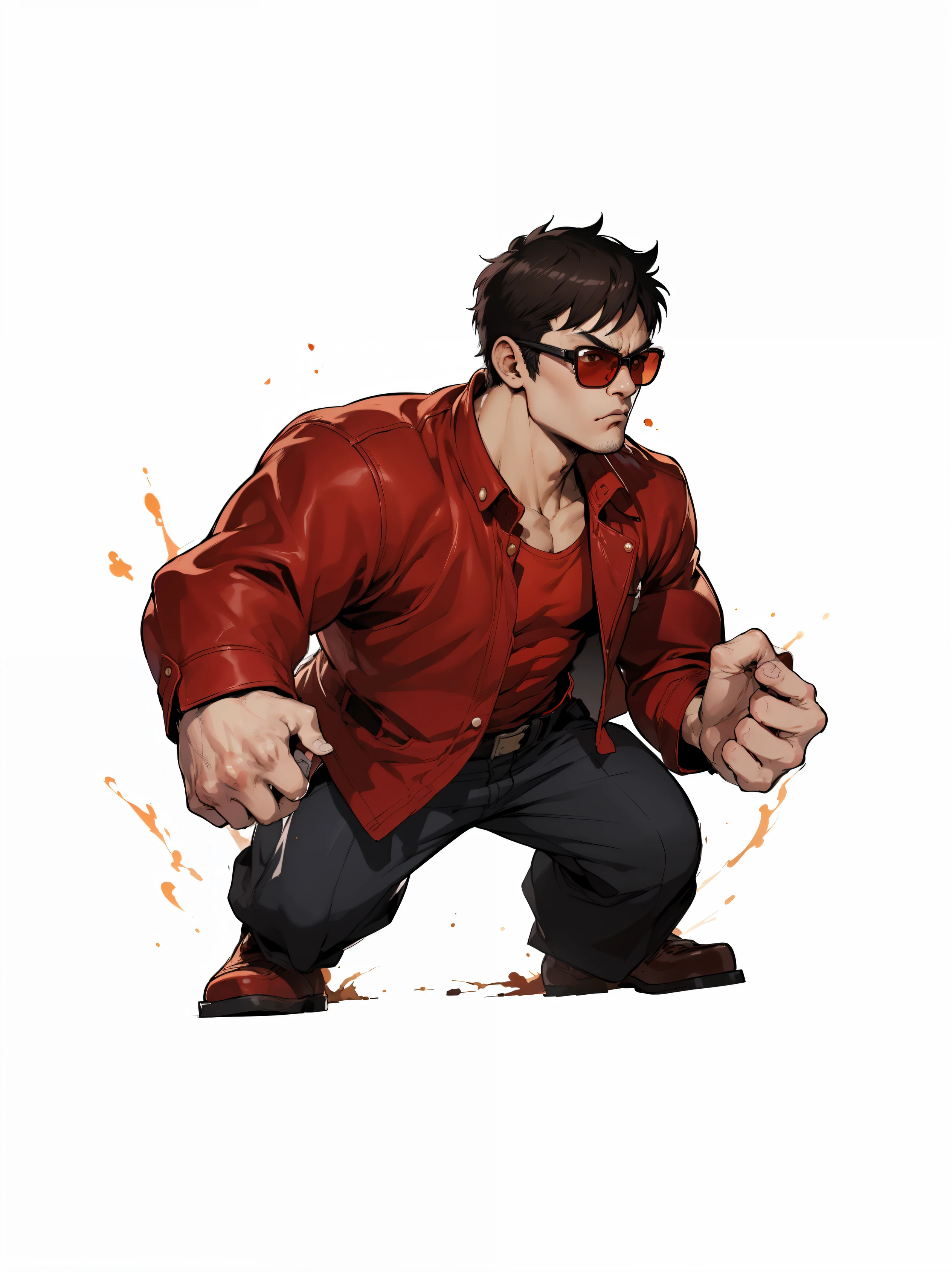 buzz clip，short hair，Strapless，One in a red suit、Orange floral shirt，Wearing red sunglasses、Brown leather shoes，clenched fist，buzz clip男人的卡通片, Bucky style, 鸟山明风格, 《King of Fighters》role in, 作为铁拳role in, GTA Chinatown art style, Intense light and shadow，slope，High Gloss Duke Nukem Art Style, akira style illustration, akira art style, travista group, Kentaro Miura style, fighting game characters, akira style