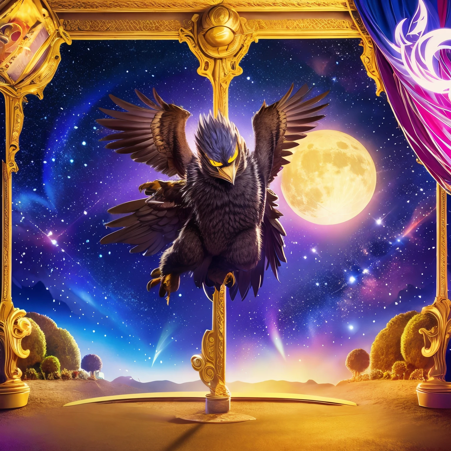 full moon,Starry sky, Big hawk flapping its wings,, octane rendering, Strengthen, Complex, (highest quality, masterpiece, Representative works, official art, Professional, unity 8k wallpaper),