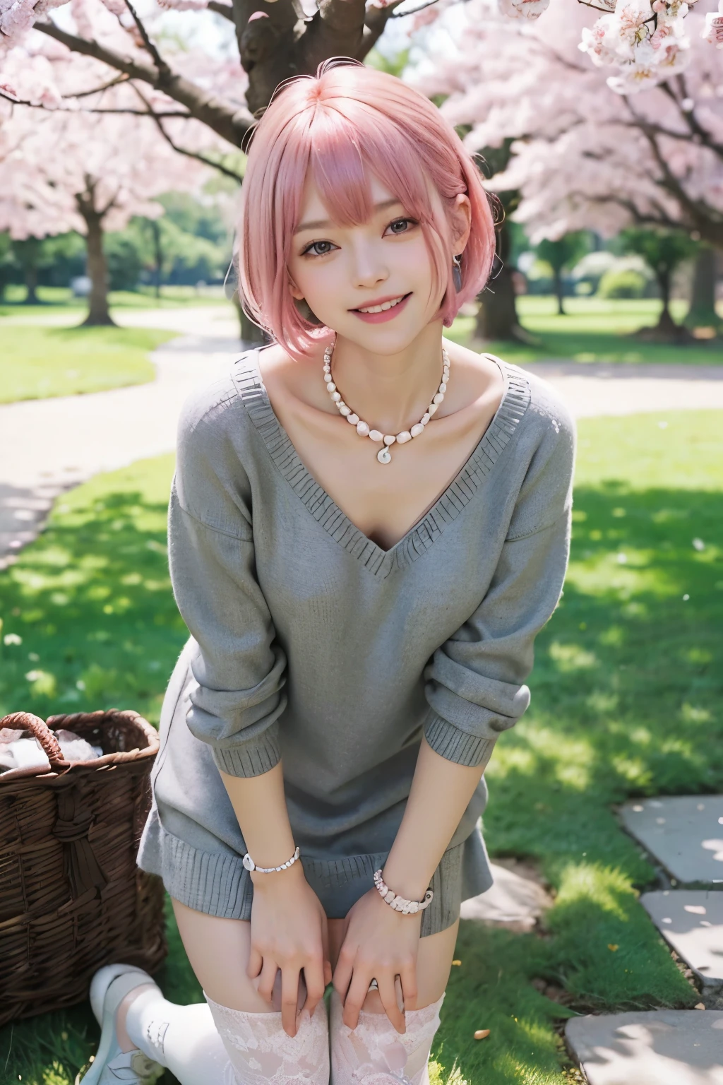 Sara, (8K, Photorealistic, Top Quality, Ultra High Resolution, Masterpiece, Raw Photo, Bright Lighting, Face Light, Smooth Professional Lighting, Japan Girl, Kids, Super Cute, Realistic Skin, Moisturized Skin, Perfect Model Body Shape, Bright Smile Showing Teeth, Camera Gaze, Big Eyes), pink hair, short hair, yellow knitted sweater, skirt, flower bed with sea view
