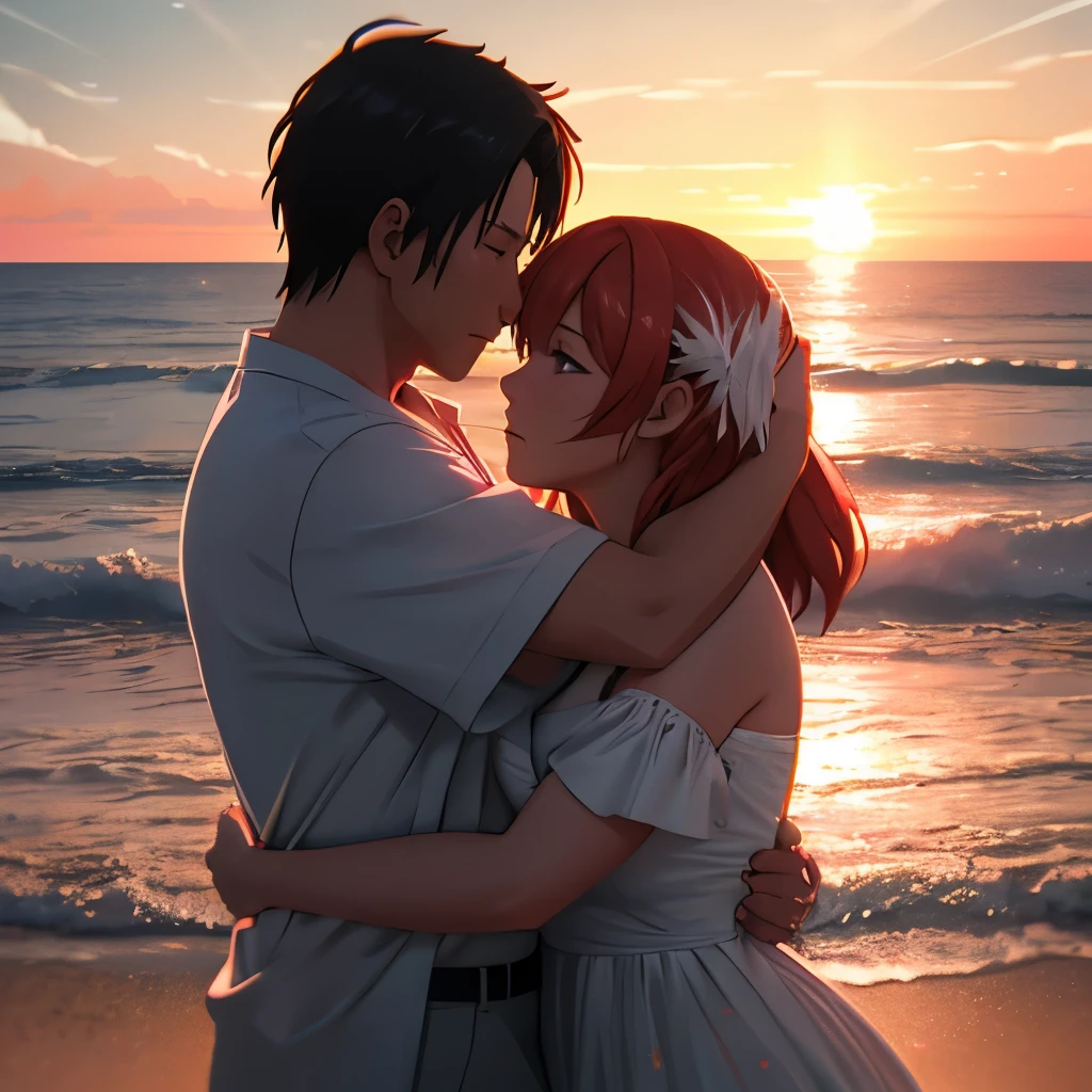depth of field, cinematic lighting, motion blur, chromatic aberration, ray tracing, anime, 8k, super detail, best quality, 1080P, HD, 4K, 16k. man and woman in a warm embrace, at sunset on a beach, portrait, beautiful people