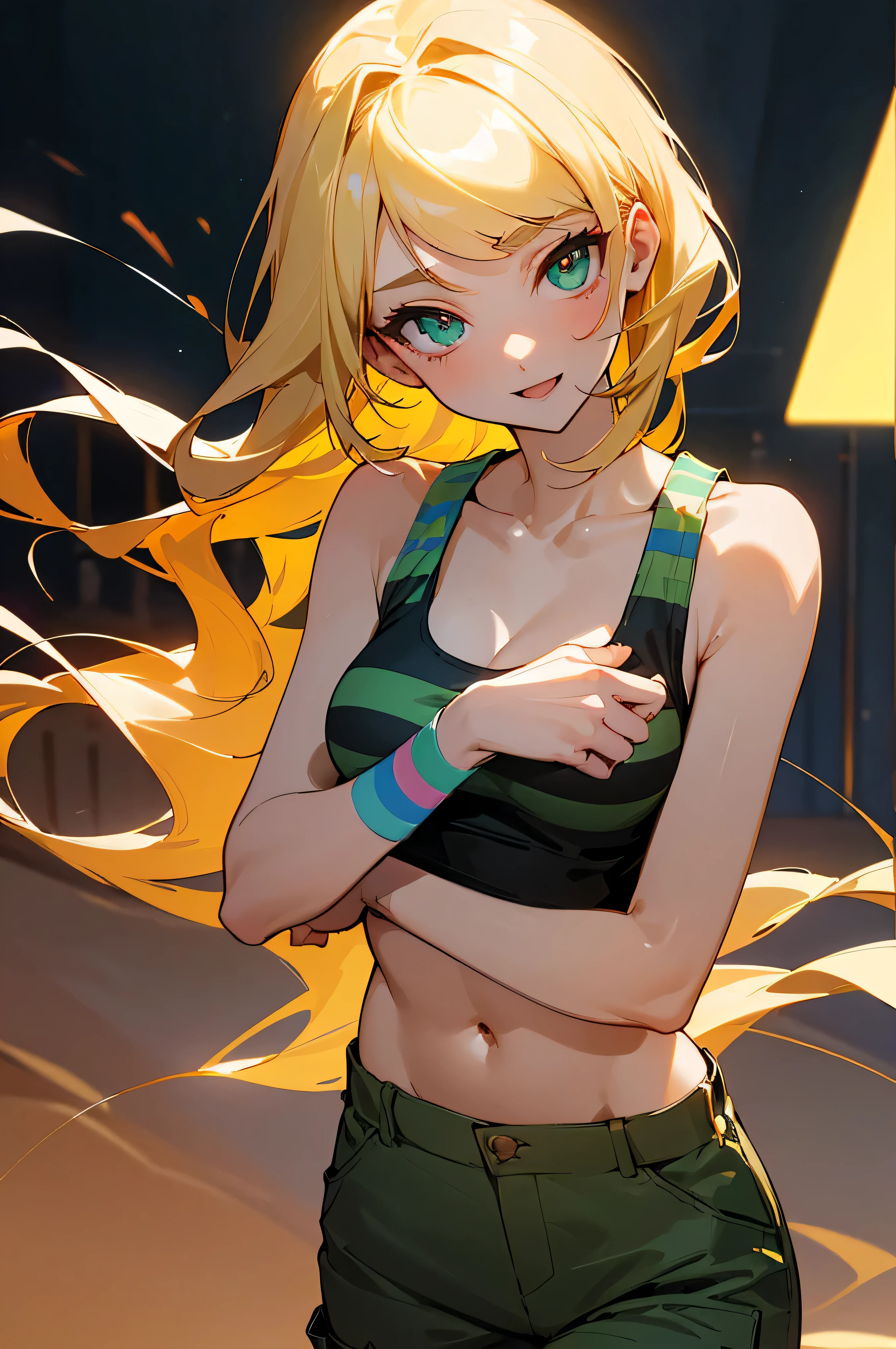 (8K, RAW photo, 最high quality, masterpiece:1.2),neon, High-definition RAW color photo, Professional photo shoot, cinematic light, alone, (((young woman, gal))), (Sharp features), (small face), (high detail skin:1.2), clavicle, cute face, beautiful appearance, long eyelashes, (rainbow hair, greenいeye), beautiful breasts, (slim body shape:1.4), very detailed顔と肌の質感, 詳細なeye, double eyelid, 横eyeで見る, Place your hands behind your body, ((blonde, long bangs on one side, asymmetrical bangs, 片eyeが隠れる, wavy hair)), slender body, ((open your mouth and smile:1.2, 上eye遣い)), big breasts, normal hip joint, green_eye, cowboy shot, composition from above, (((Tank top with striped pattern:1.5, slim cargo pants:1.5, Seductive thighs))), downtown at night, 見つめるeye, beautiful skin, shiny skin, perfect fingers, five fingers, anatomically correct, background bokeh, high quality, surreal, bright colors, ((very detailed, photo shoot)),