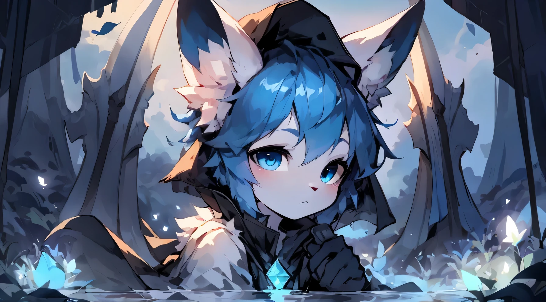 blue eyes,blue hair,white face,charming,one person