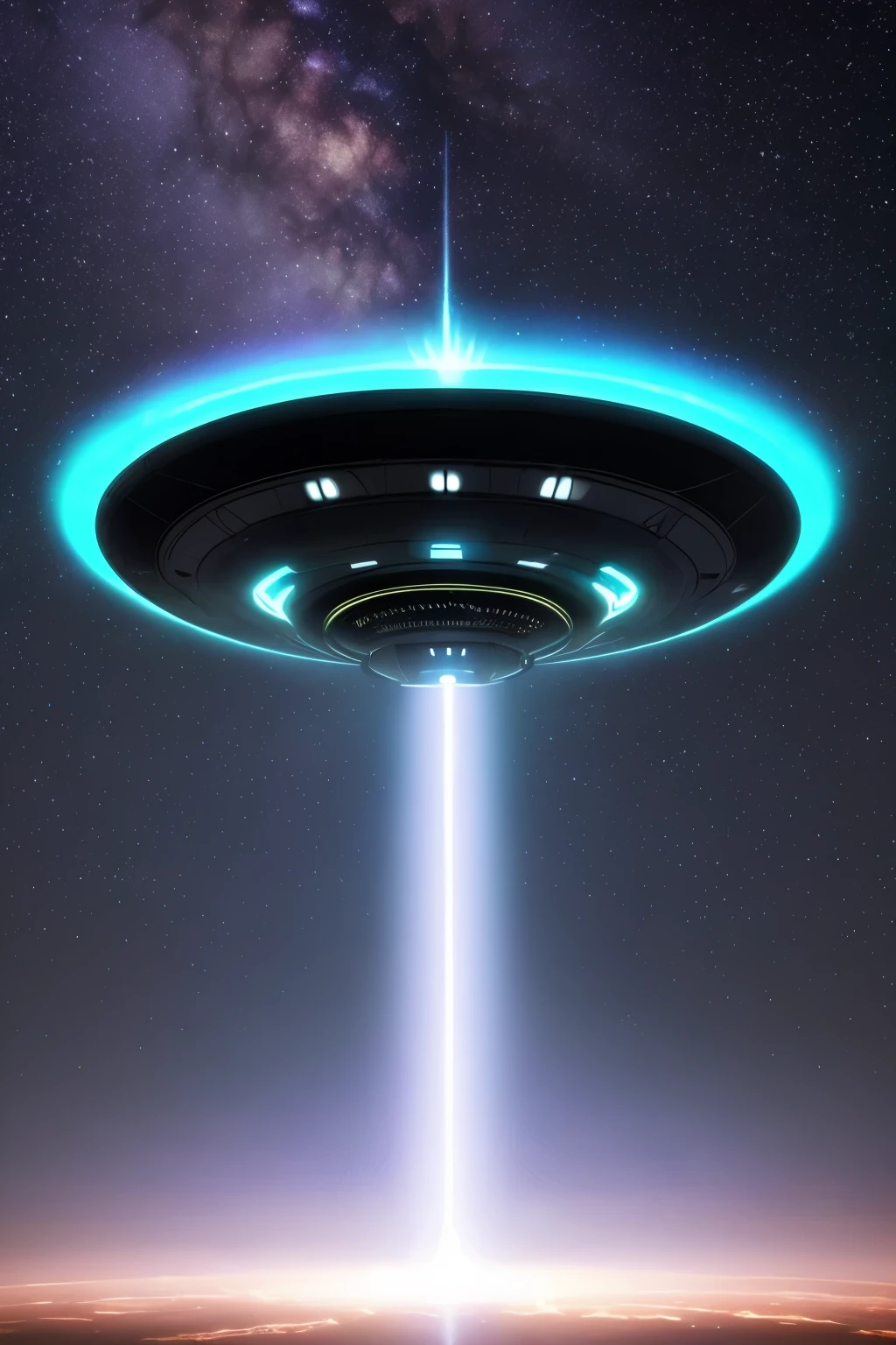 A UFO descending onto Earth with a beam of light touching the ground -- (A unique and otherworldly sight: 1.0), (Beam of light: 1.3), (Intense and captivating: 1.1), HDR, ( Detailed and intriguing: 1.2), Cinematic, Close-up, Dramatic, (Glowing and mysterious: 1.1), Alien spacecraft, UFO landing, (Beam of energy: 1.1), Planet Earth, Extraterrestrial encounter, (Scifi and suspenseful: 1.1)