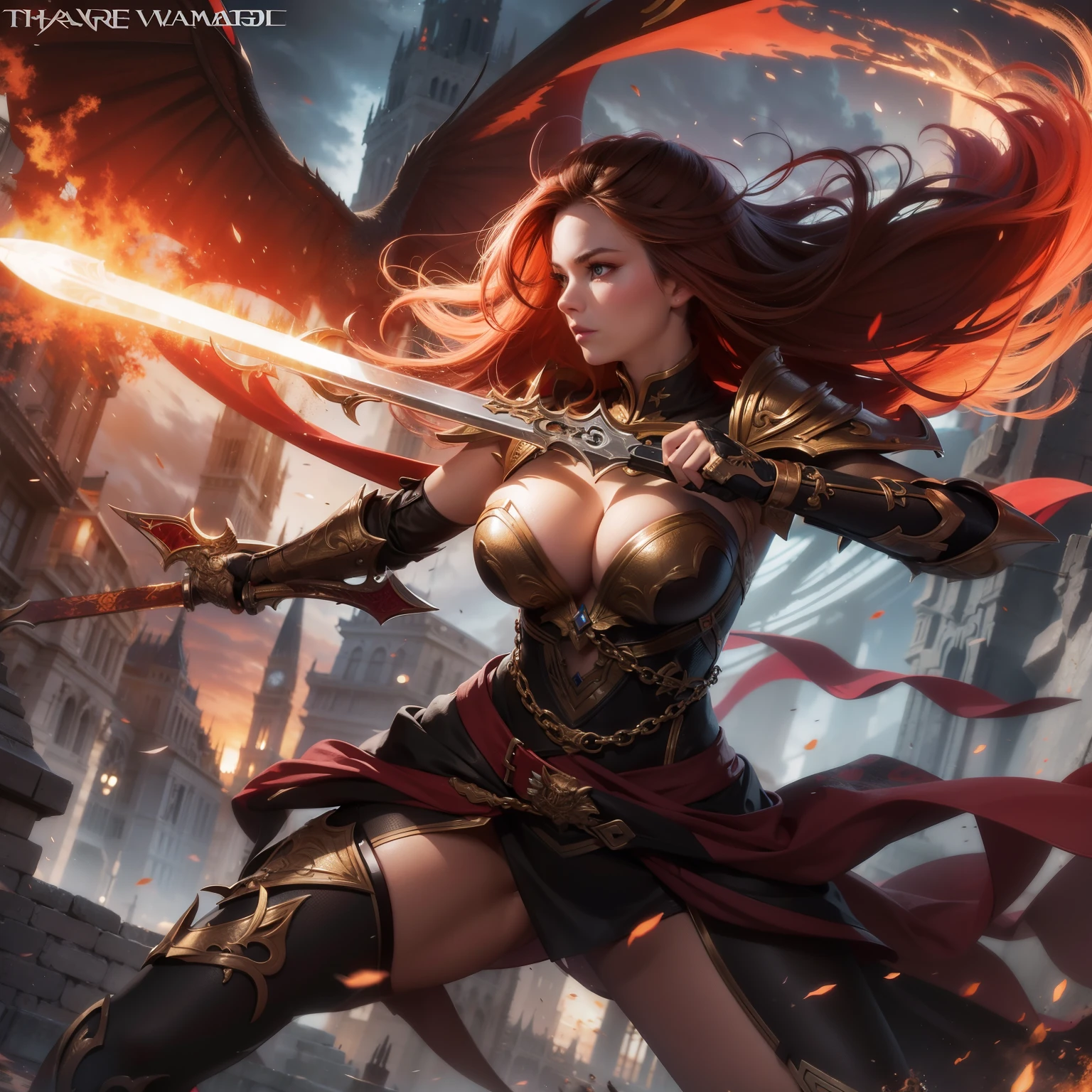 Waist up (perspective angle from bottom to top) art warrior princess in fantasy anime mythic action effect, sharp focus, masterpiece, UHD, by Raymond Swanland aesthetic style, hero cape in flame, holding a beauty super deitaled sword, (masterpiece), best quality, expressive eyes, perfect face