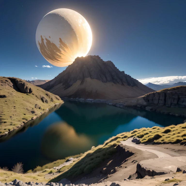 starry sky background, Purple pink color Alien base (Very detailed) in desert mountains,There are several exhaust fans and chimneys, some spotlights coming out of the base,light up dark places, (extreme night), There are some clouds in the night sky, Some surrounding planets provide air to unknown planets,The farthest giant volcano is erupting