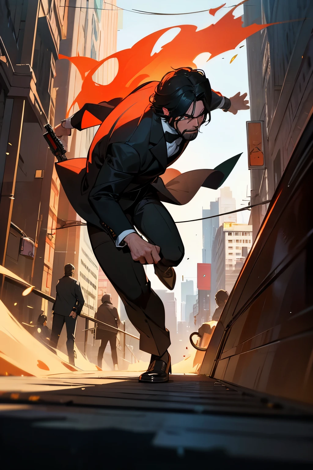 John Wick, brought to life as an animated film in the vibrant style of Akira Toriyama, bursts with rich colors and dynamic perspectives. The 80's tone resonates through every frame, as Wick's intense battles unfold with intricate detail.
John Wick, an iconic figure with rugged features and steely gaze, moves through the city with unyielding determination. His animated self boasts expressive facial features and fluid movements, bringing his legend to life like never before.
With each step, the sun-kissed streets come alive around him. Neon signs cast long, dramatic shadows as Wick navigates the cityscape, blending in
