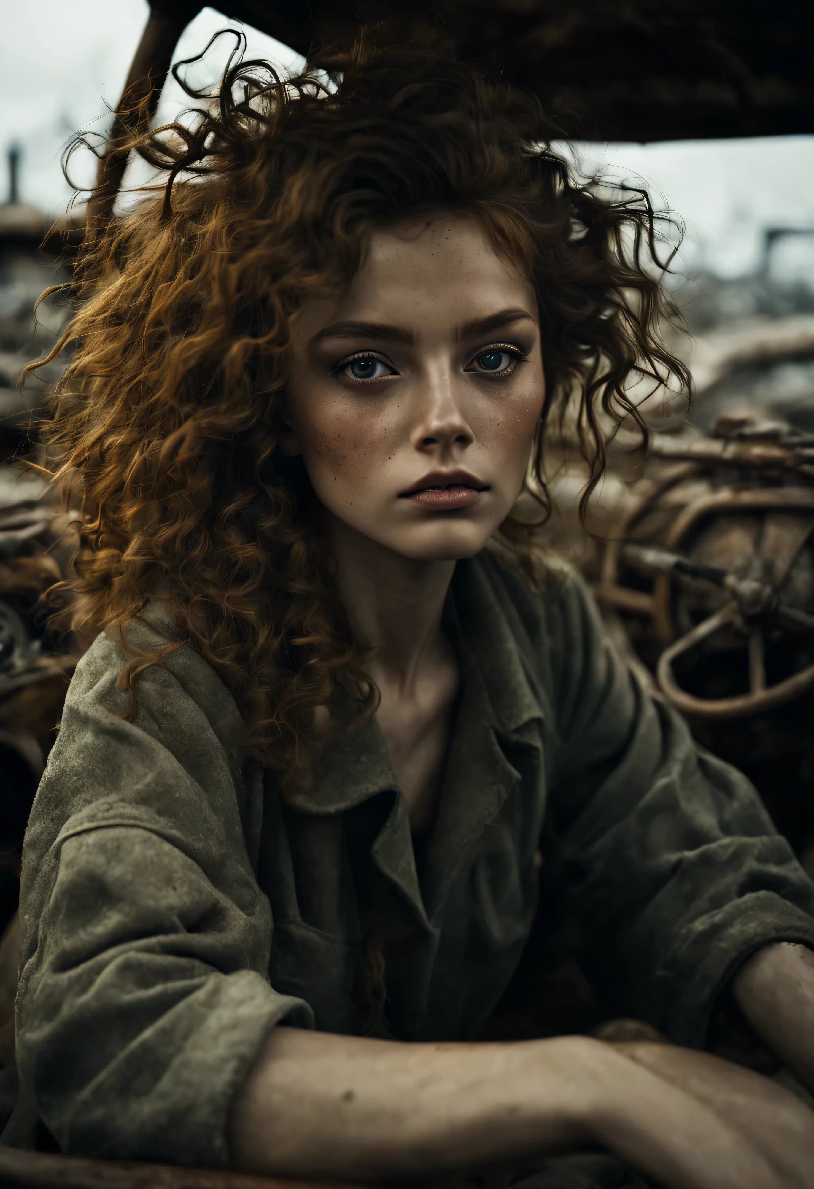 In the midst of a busy day, the young female finds a moment of peace in junkyard, old rusty cars, mechanics, oily,  quality, shelter, rusty, cogs, heavy smog, aerial perspective, vapor, abandoned, buggy, delerict, conceptual hyperaesthetic dramatic ambience. Her curly hair frames her face, drawing attention to her striking gray eyes. Her pale skin, with its intricate texture, adds depth and character to her aesthetic. As she savors the moment, she radiates a quiet confidence and contentment. 16k, extreme detail, fine textures, ((dark shadows)), dark, sharp lines, ((time the revelator)), vivid colors. beautiful. revealing.  masterpiece.  vibrant.  (back lighting).  (void:1.2). (perspective:1.3).  (wind:1.1).  (tang:1.1). (time:1.4). (decay:1.3). (fog:1.1). (ruin:1.1) Shot on a Hasselblad high f 	ormat camera with a 100mm lens, this portrait is a stunning example of visual storytelling, this cinematic image captures the model's effortless beauty and the grandeur of the city below. (35mm, F/2.8) Photo Focus, DOF, Aperture, and hypermaximalist rendering bring this scene to life in stunning detail. This image captures every nuance of her expression, from the subtle creases in her skin to the way her hair falls around her face. It's a stunningly realistic and visually descriptive piece. The composition is expertly crafted, with global illumination adding a sense of depth and dimension.