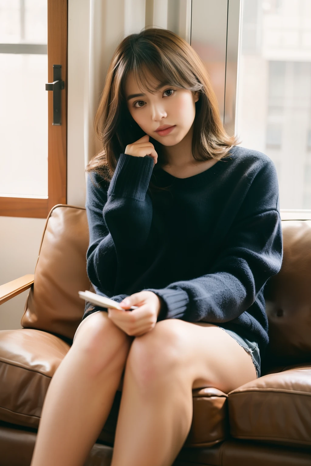 1girl,sitting on a cozy couch,crossing legs,soft light