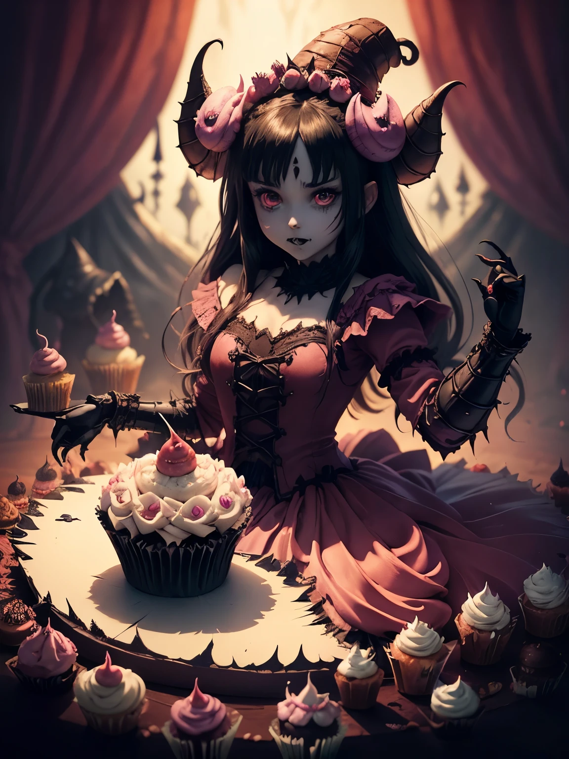 dark fantasy, Epic fantasy, (portrait of scary Cupcake monster tempts young girl:1.5), (anime:1.5), intricate, epic Composition, tim burton