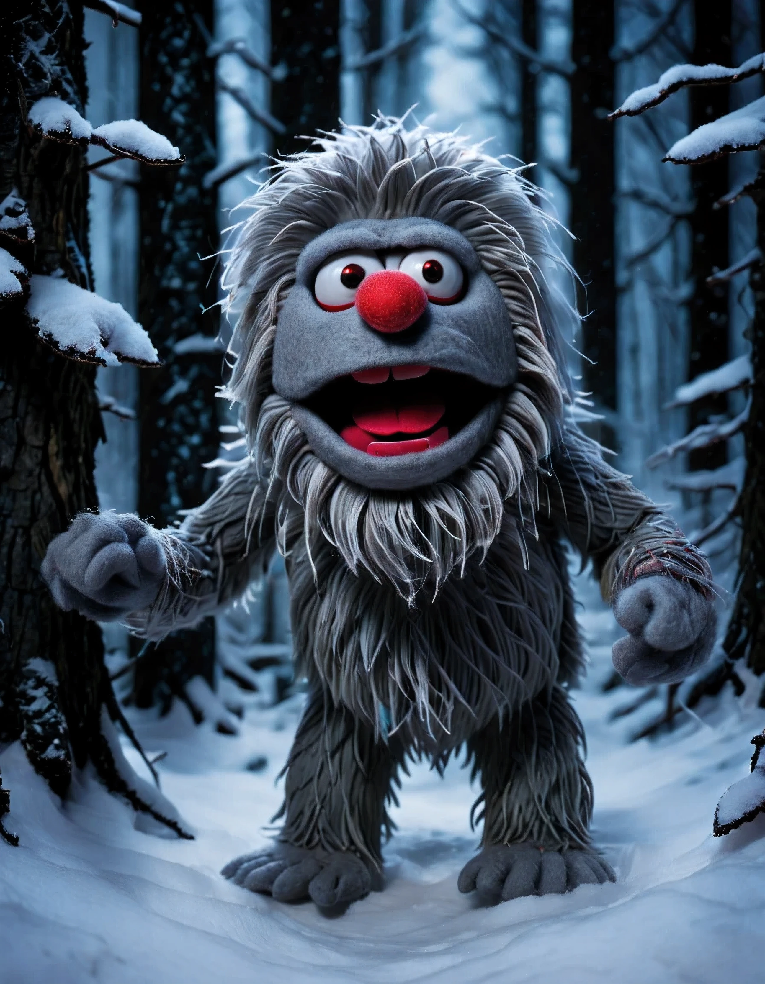 in a felt puppet world style,, A Yeti lurking in the depths of a dark snowy forest at night. white, red-eyes, creepy, dramatic lighting, detailed, high saturation